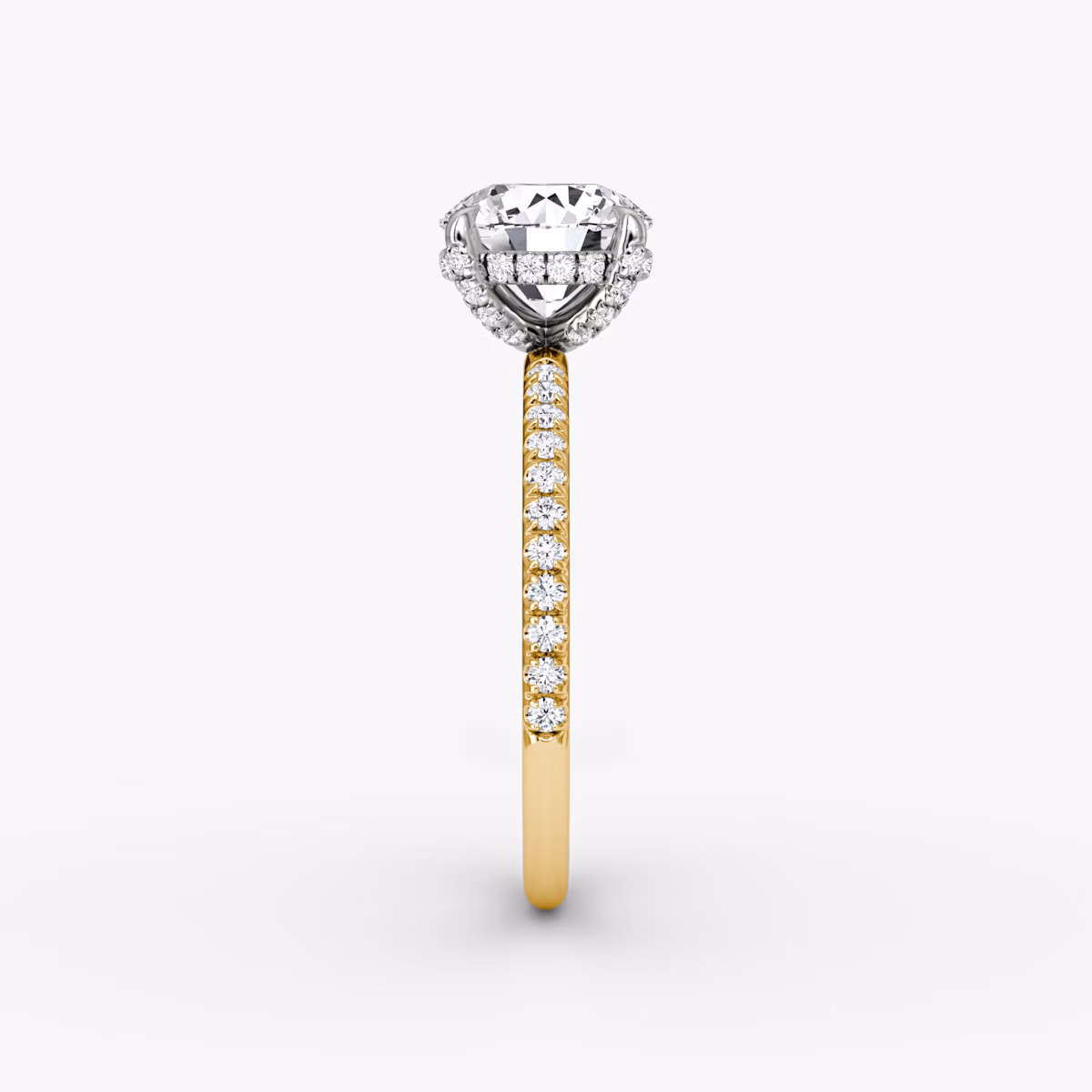 The Classic Hidden Halo | Round Brilliant | 18k | Yellow Gold and Platinum | bandAccent: Pavé | bandWidth: standard | caratWeight: 1.5ct | prongStyle: Pavé | diamondOrientation: vertical