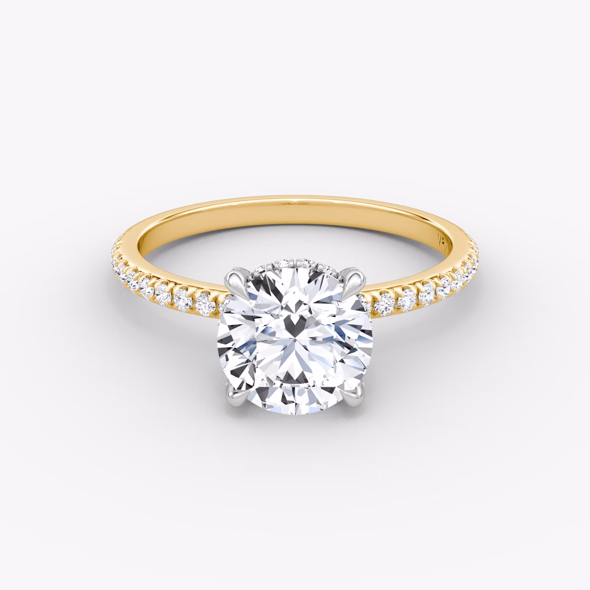 The Classic Hidden Halo | Round Brilliant | 18k | Yellow Gold and Platinum | bandAccent: Pavé | bandWidth: standard | caratWeight: 1.5ct | prongStyle: Pavé | diamondOrientation: vertical