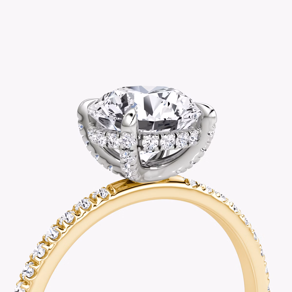 The Classic Hidden Halo | Round Brilliant | 18k | Yellow Gold and Platinum | bandAccent: Pavé | bandWidth: standard | caratWeight: 1.5ct | prongStyle: Pavé | diamondOrientation: vertical