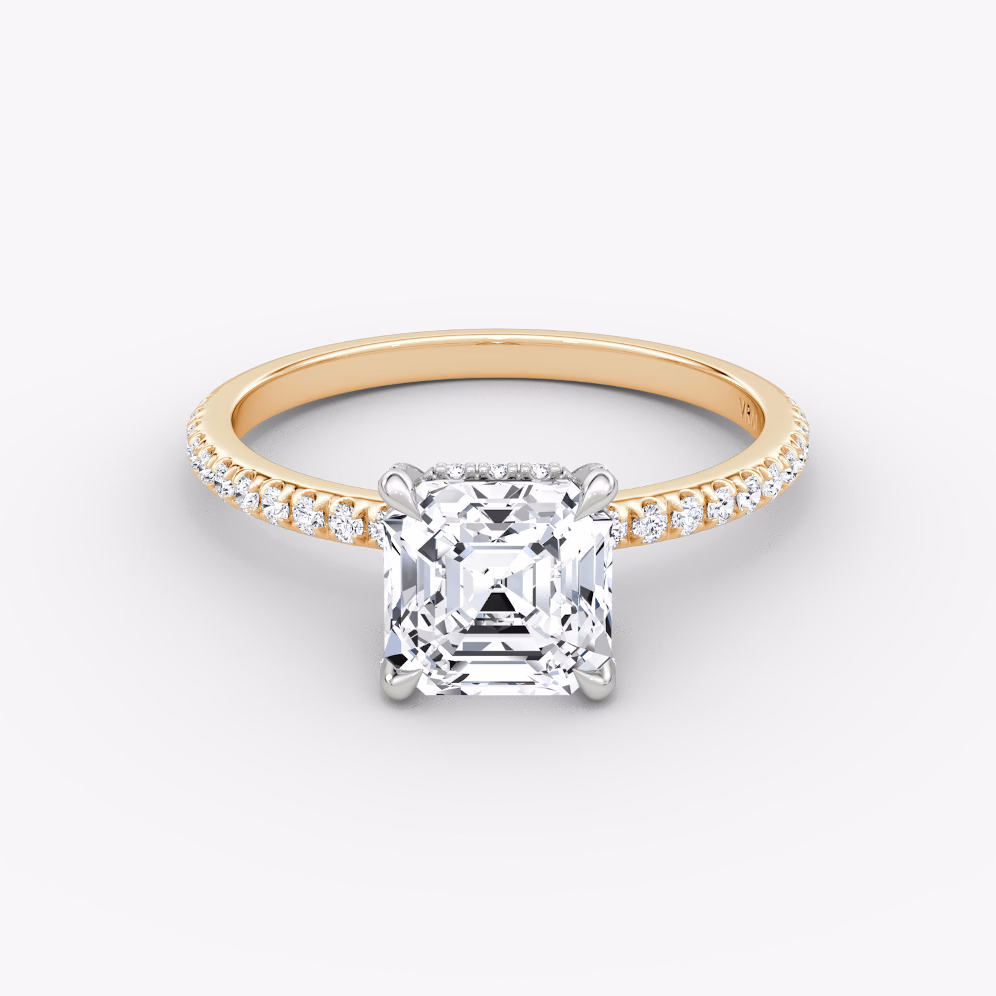 The Classic Hidden Halo | Asscher | 14k | Rose Gold and Platinum | bandAccent: Pavé | bandWidth: standard | prongStyle: Pavé | diamondOrientation: vertical | caratWeight: other