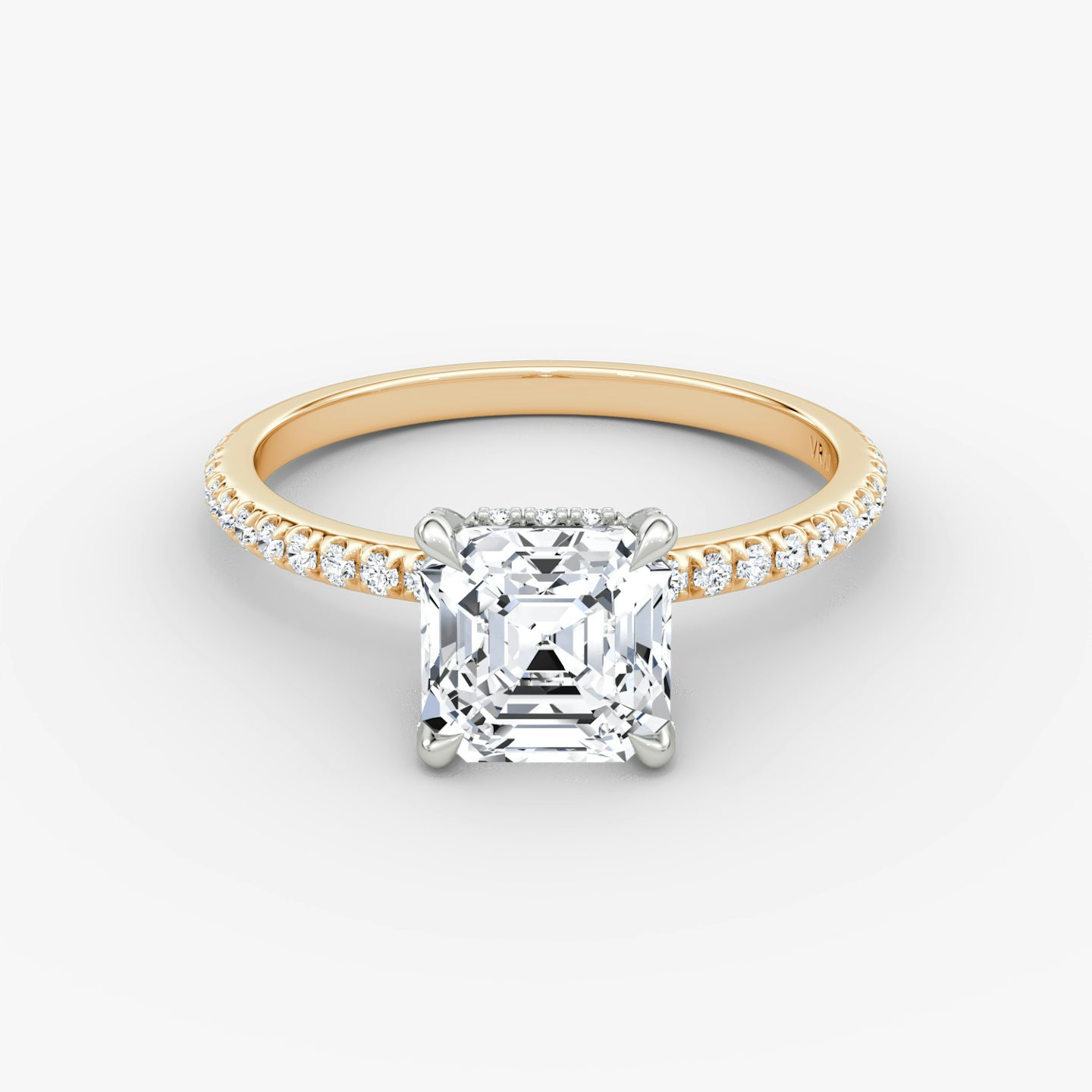 The Classic Hidden Halo | Asscher | 14k | Rose Gold and Platinum | bandAccent: Pavé | bandWidth: standard | prongStyle: Pavé | diamondOrientation: vertical | caratWeight: other