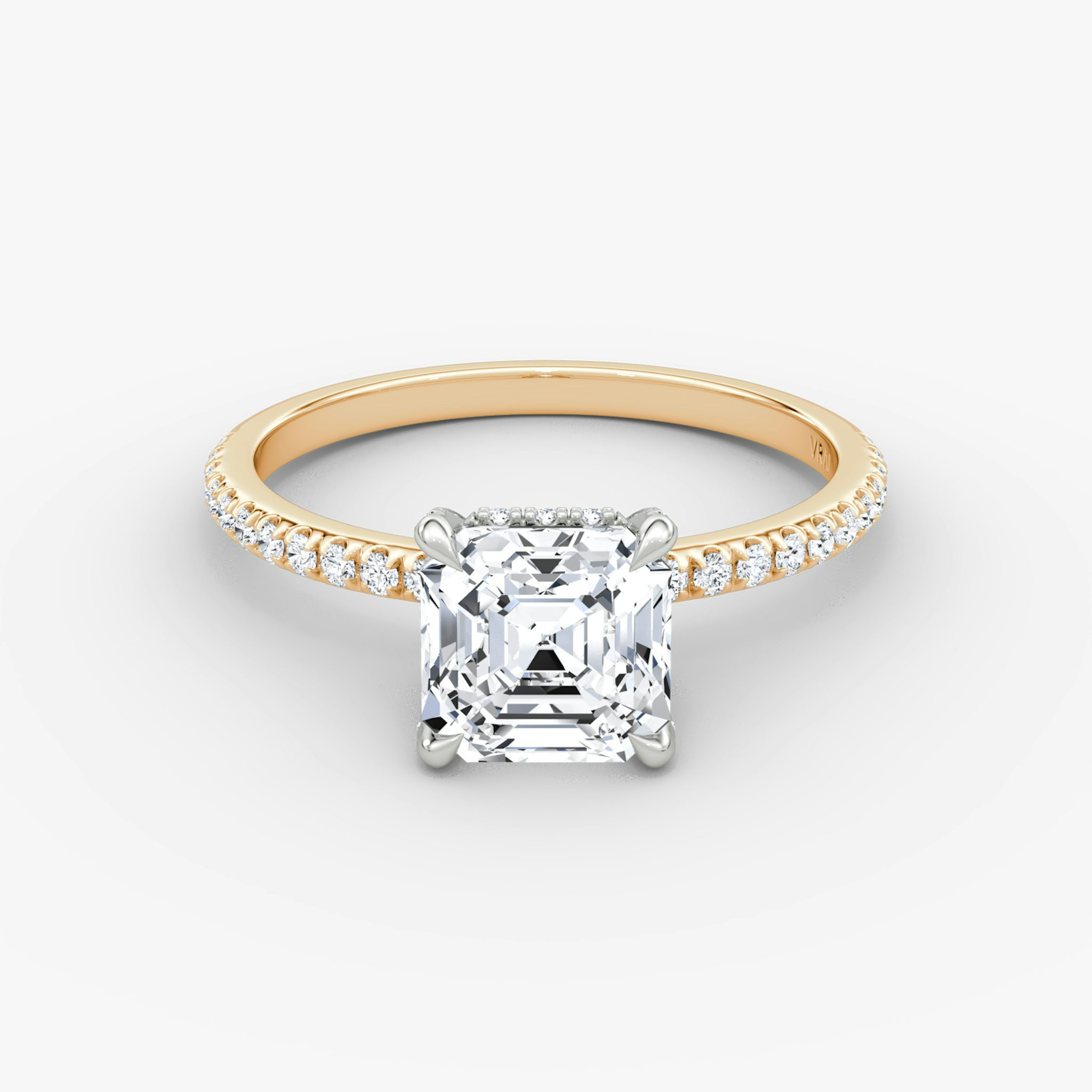 The Classic Hidden Halo | Asscher | 14k | Rose Gold and Platinum | bandAccent: Pavé | bandWidth: standard | prongStyle: Pavé | diamondOrientation: vertical | caratWeight: other
