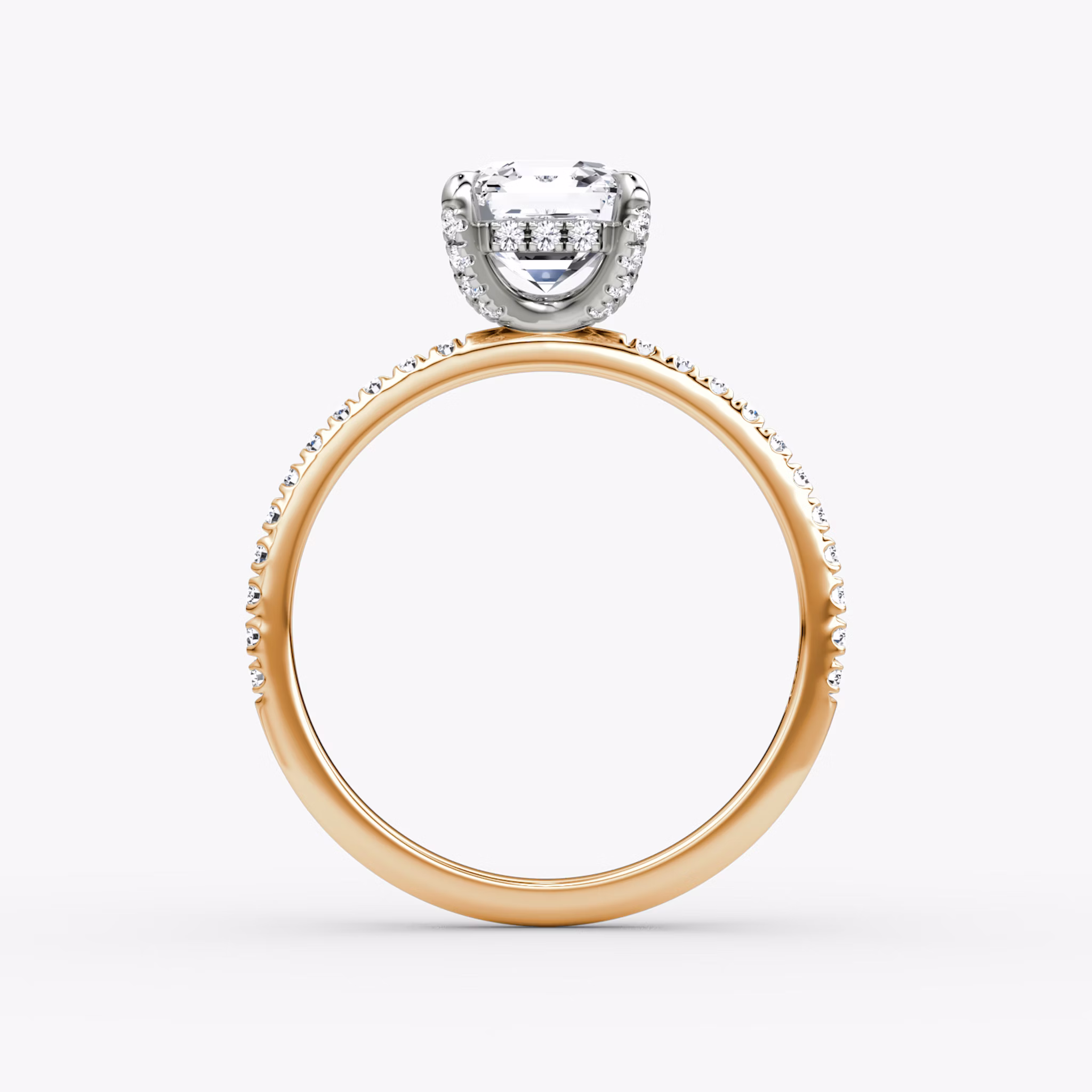 The Classic Hidden Halo | Asscher | 14k | Rose Gold and Platinum | bandAccent: Pavé | bandWidth: standard | prongStyle: Pavé | diamondOrientation: vertical | caratWeight: other