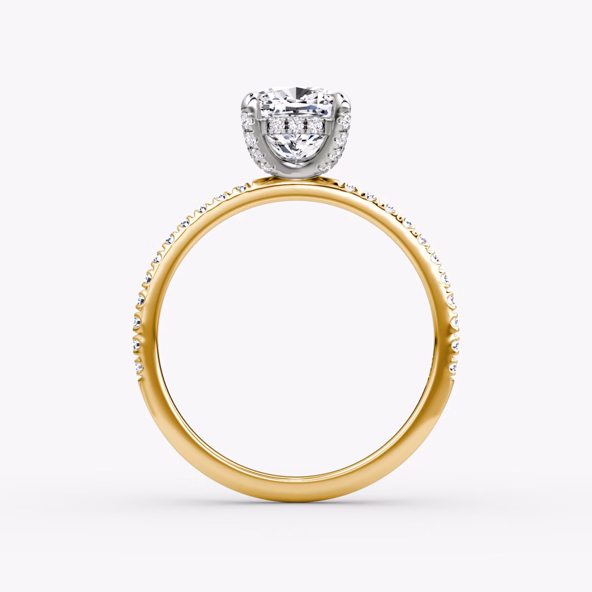 The Classic Hidden Halo | Cushion | 18k | Yellow Gold and Platinum | bandAccent: Pavé | bandWidth: standard | prongStyle: Pavé | diamondOrientation: vertical | caratWeight: other