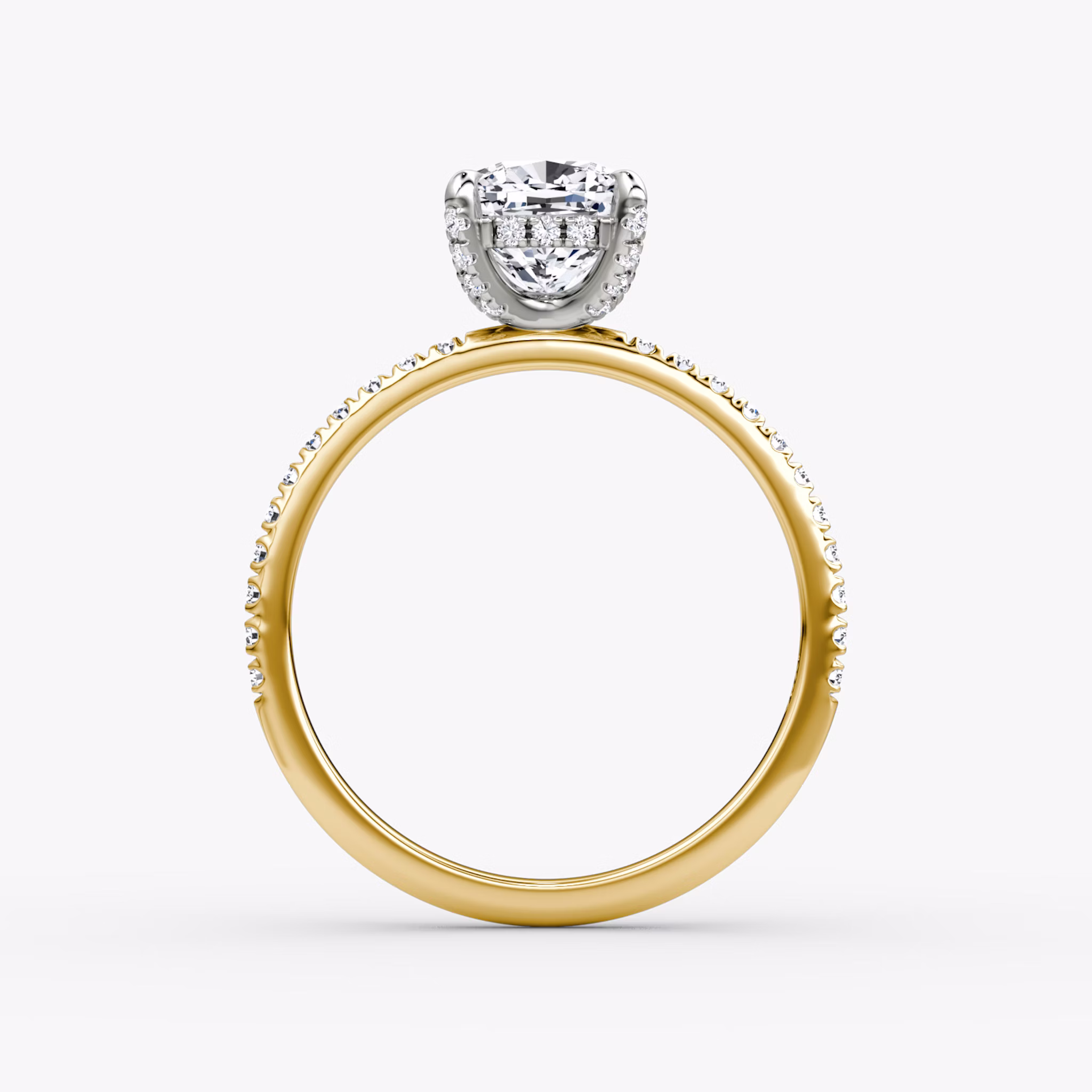 The Classic Hidden Halo | Cushion | 18k | Yellow Gold and Platinum | bandAccent: Pavé | bandWidth: standard | prongStyle: Pavé | diamondOrientation: vertical | caratWeight: other