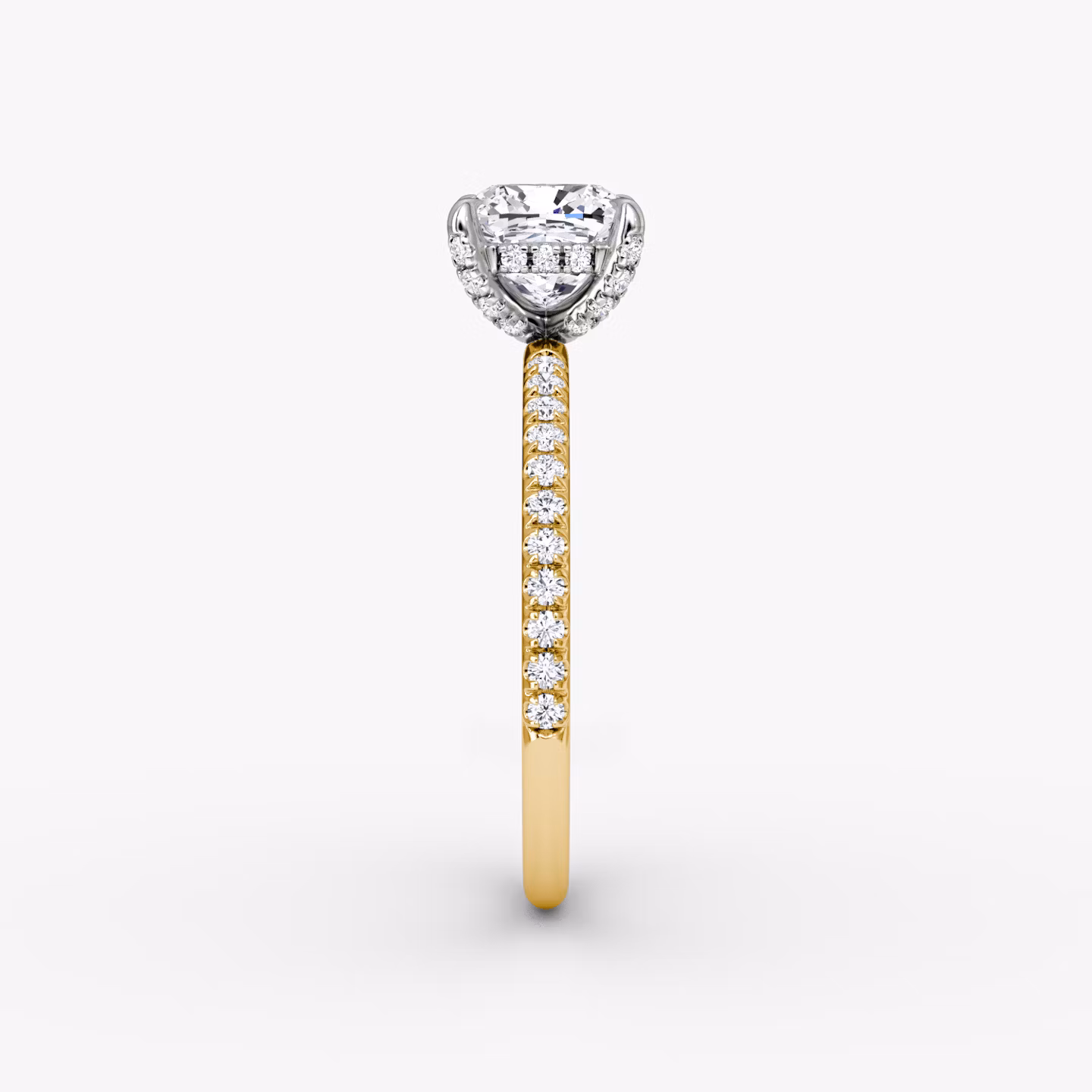 The Classic Hidden Halo | Cushion | 18k | Yellow Gold and Platinum | bandAccent: Pavé | bandWidth: standard | prongStyle: Pavé | diamondOrientation: vertical | caratWeight: other