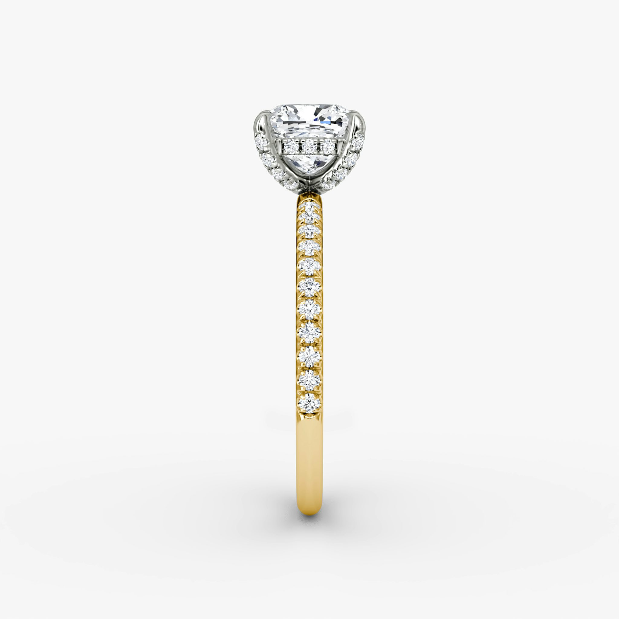 The Classic Hidden Halo | Cushion | 18k | Yellow Gold and Platinum | bandAccent: Pavé | bandWidth: standard | prongStyle: Pavé | diamondOrientation: vertical | caratWeight: other