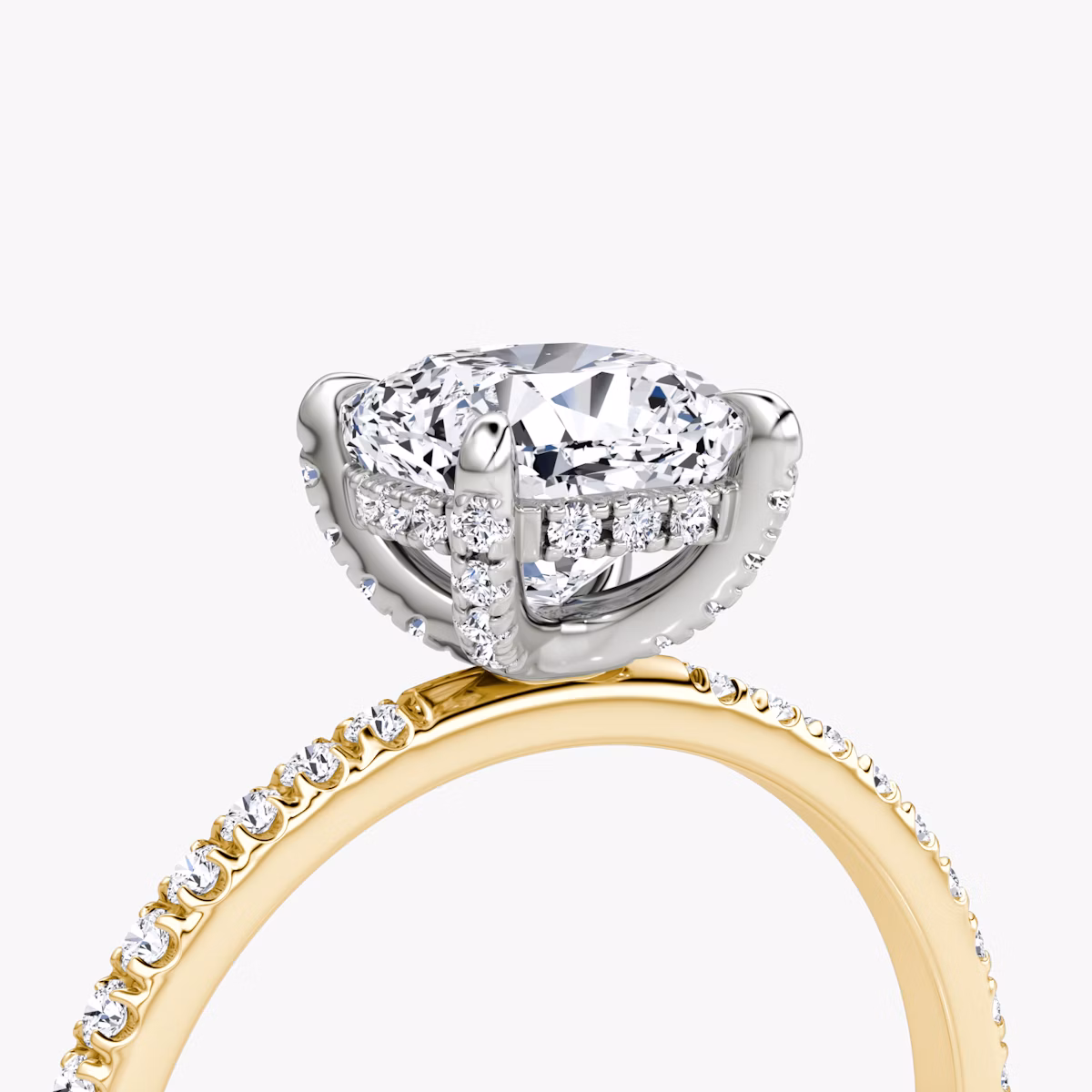 The Classic Hidden Halo | Cushion | 18k | Yellow Gold and Platinum | bandAccent: Pavé | bandWidth: standard | prongStyle: Pavé | diamondOrientation: vertical | caratWeight: other