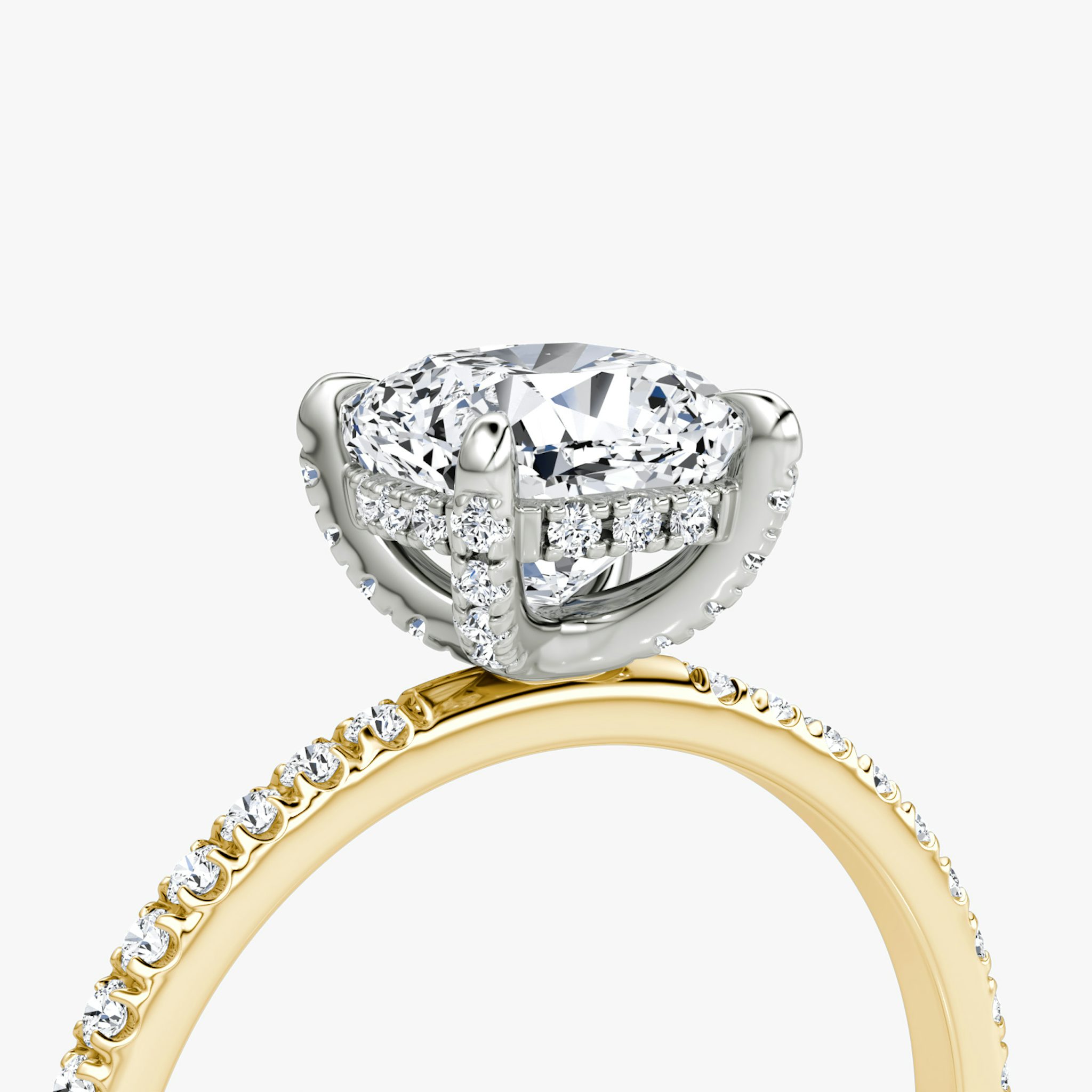 The Classic Hidden Halo | Cushion | 18k | Yellow Gold and Platinum | bandAccent: Pavé | bandWidth: standard | prongStyle: Pavé | diamondOrientation: vertical | caratWeight: other