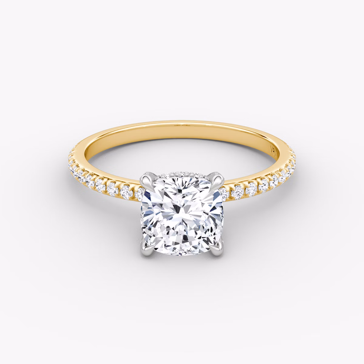 The Classic Hidden Halo | Cushion | 18k | Yellow Gold and Platinum | bandAccent: Pavé | bandWidth: standard | prongStyle: Pavé | diamondOrientation: vertical | caratWeight: other