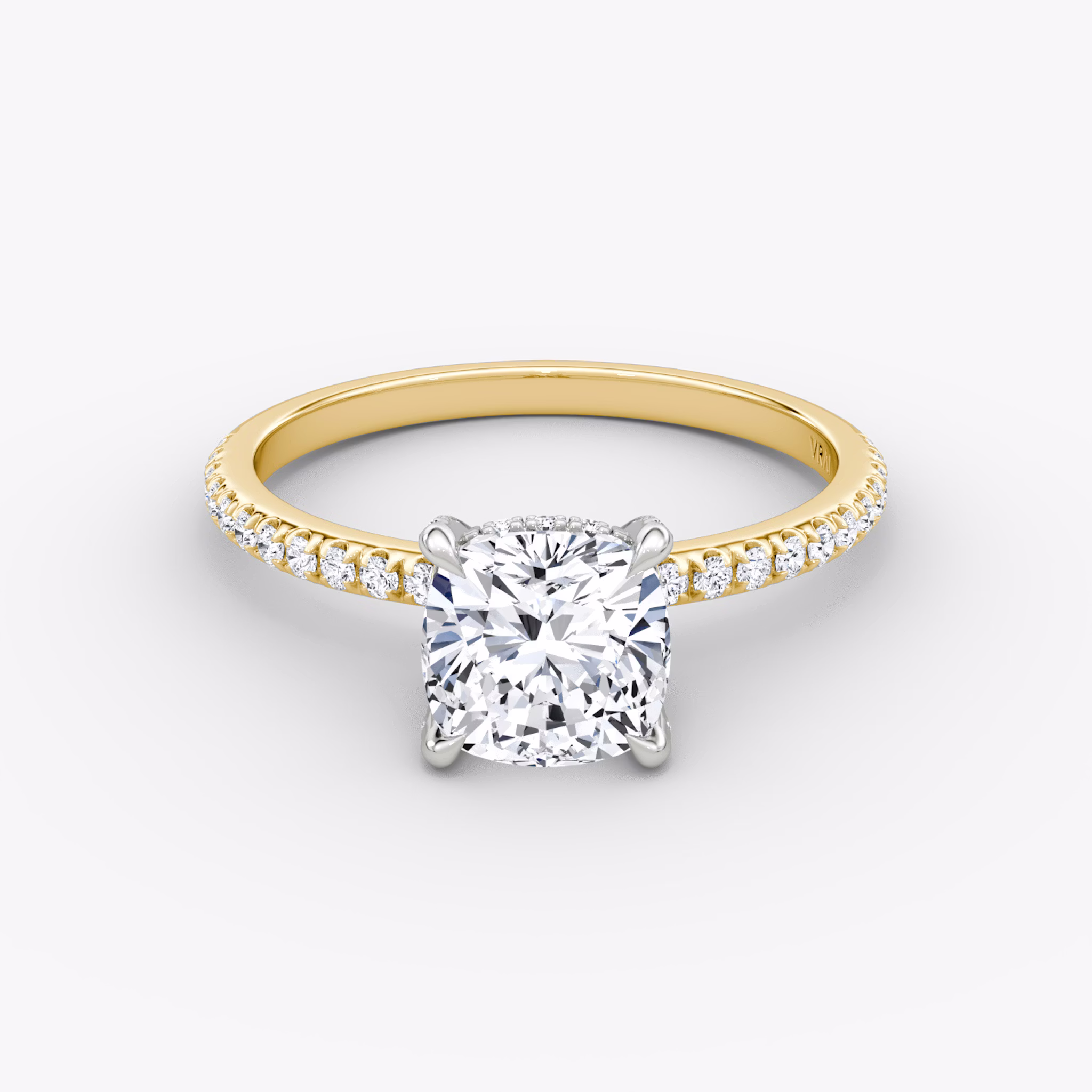The Classic Hidden Halo | Cushion | 18k | Yellow Gold and Platinum | bandAccent: Pavé | bandWidth: standard | prongStyle: Pavé | diamondOrientation: vertical | caratWeight: other