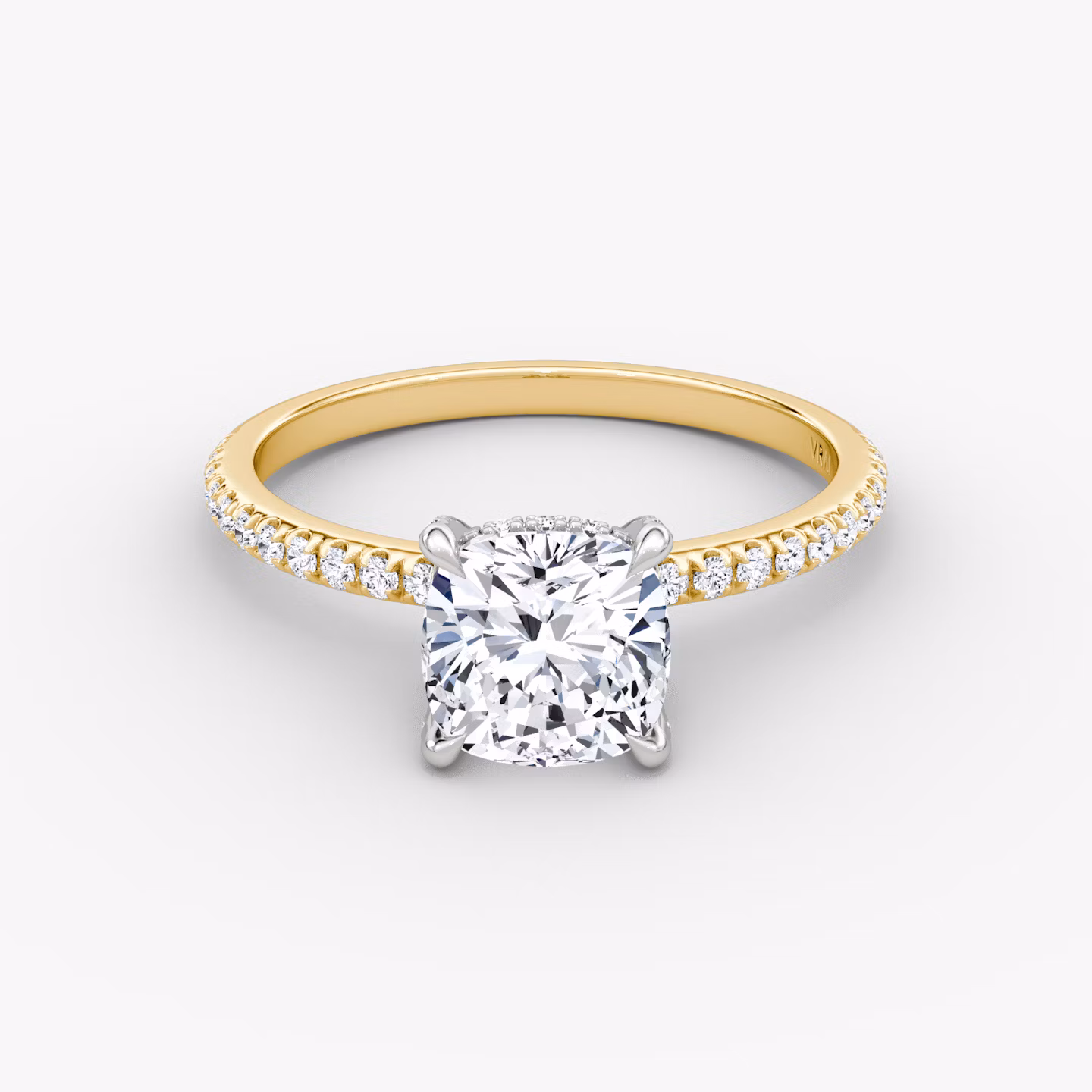 The Classic Hidden Halo | Cushion | 18k | Yellow Gold and Platinum | bandAccent: Pavé | bandWidth: standard | prongStyle: Pavé | diamondOrientation: vertical | caratWeight: other
