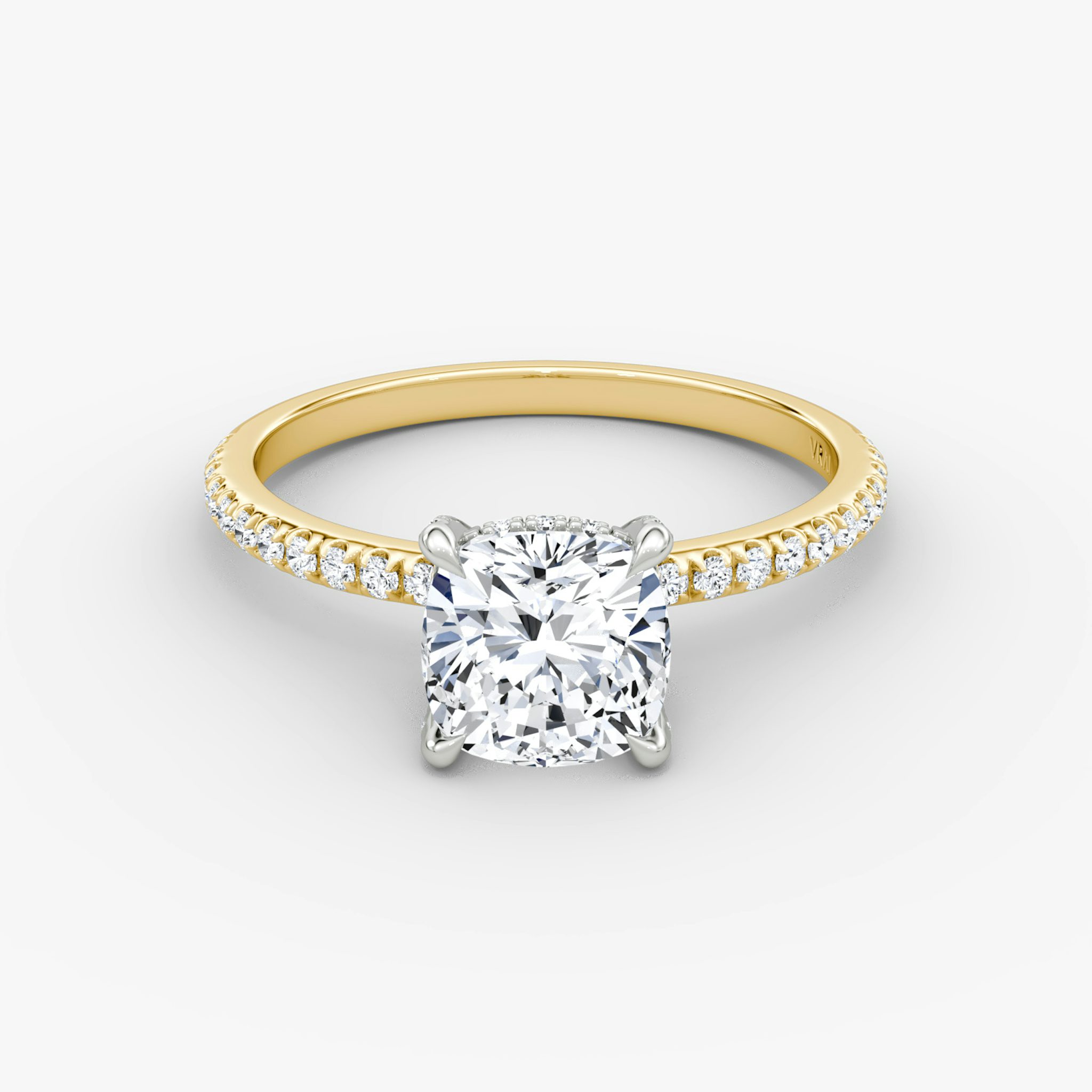 The Classic Hidden Halo | Cushion | 18k | Yellow Gold and Platinum | bandAccent: Pavé | bandWidth: standard | prongStyle: Pavé | diamondOrientation: vertical | caratWeight: other