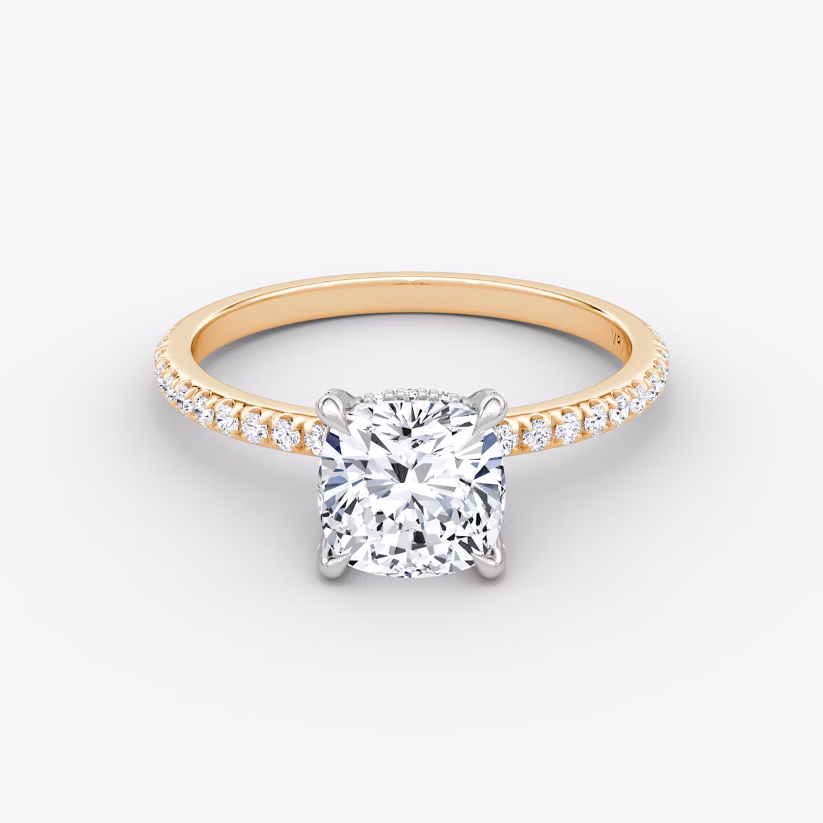 The Classic Hidden Halo | Cushion | 14k | Rose Gold and Platinum | bandAccent: Pavé | bandWidth: standard | prongStyle: Pavé | diamondOrientation: vertical | caratWeight: other