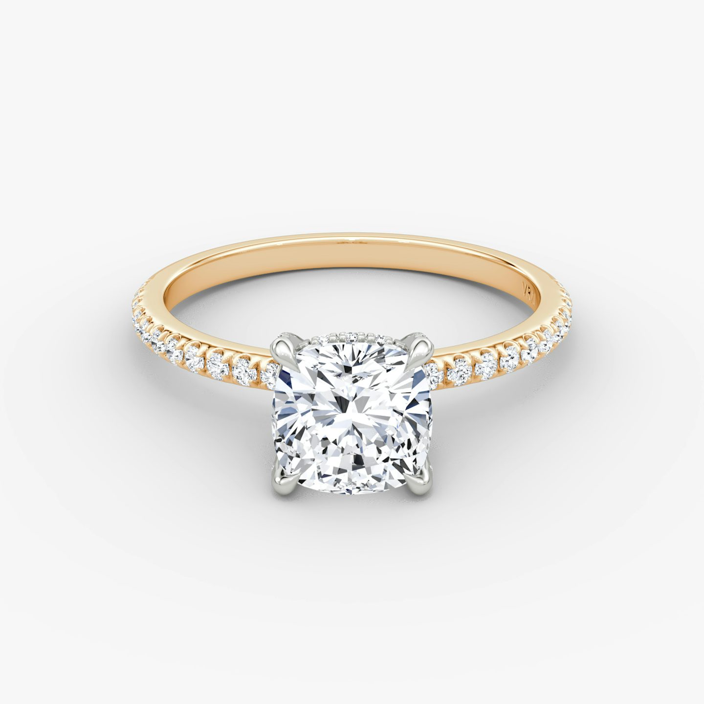 The Classic Hidden Halo | Cushion | 14k | Rose Gold and Platinum | bandAccent: Pavé | bandWidth: standard | prongStyle: Pavé | diamondOrientation: vertical | caratWeight: other