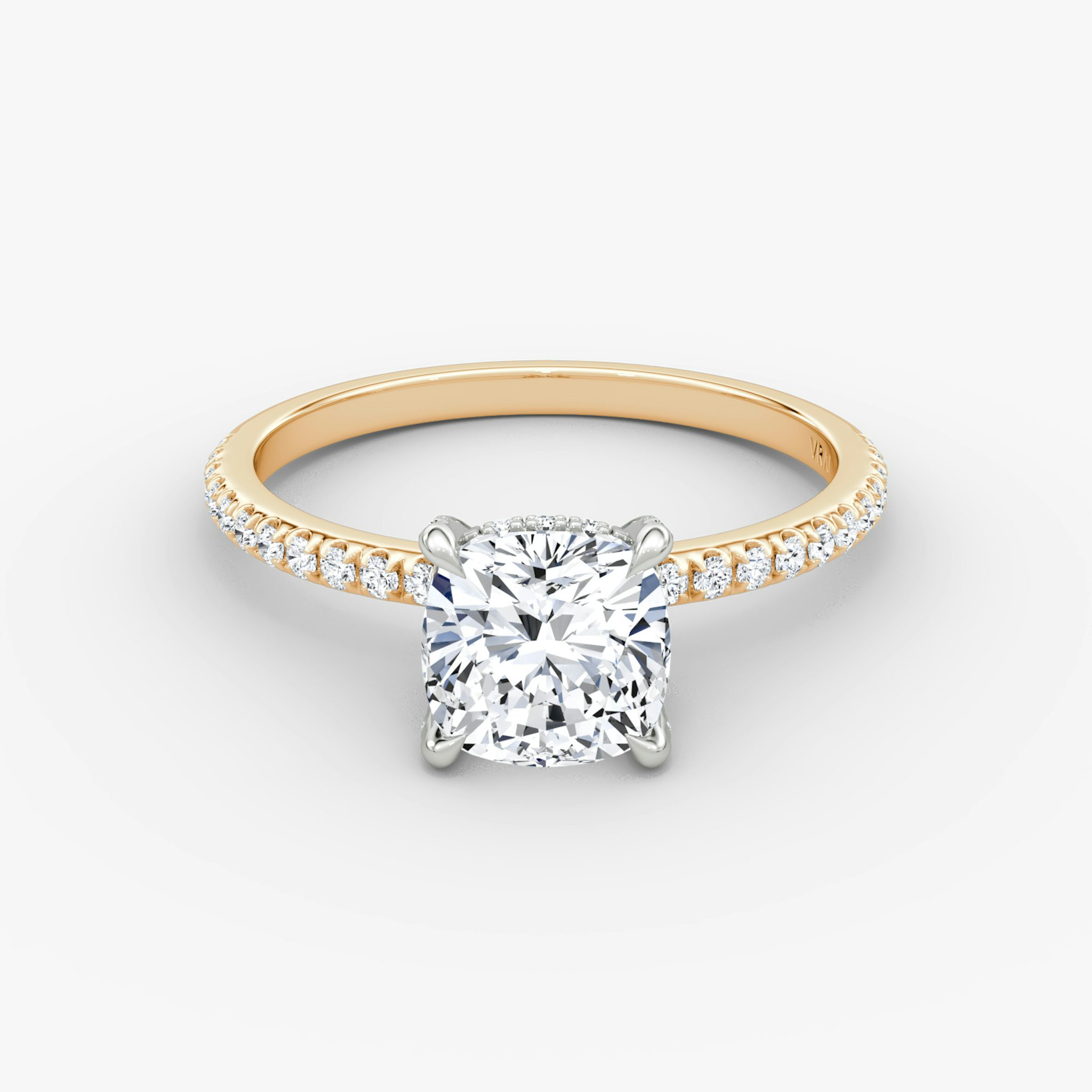 The Classic Hidden Halo | Cushion | 14k | Rose Gold and Platinum | bandAccent: Pavé | bandWidth: standard | prongStyle: Pavé | diamondOrientation: vertical | caratWeight: other