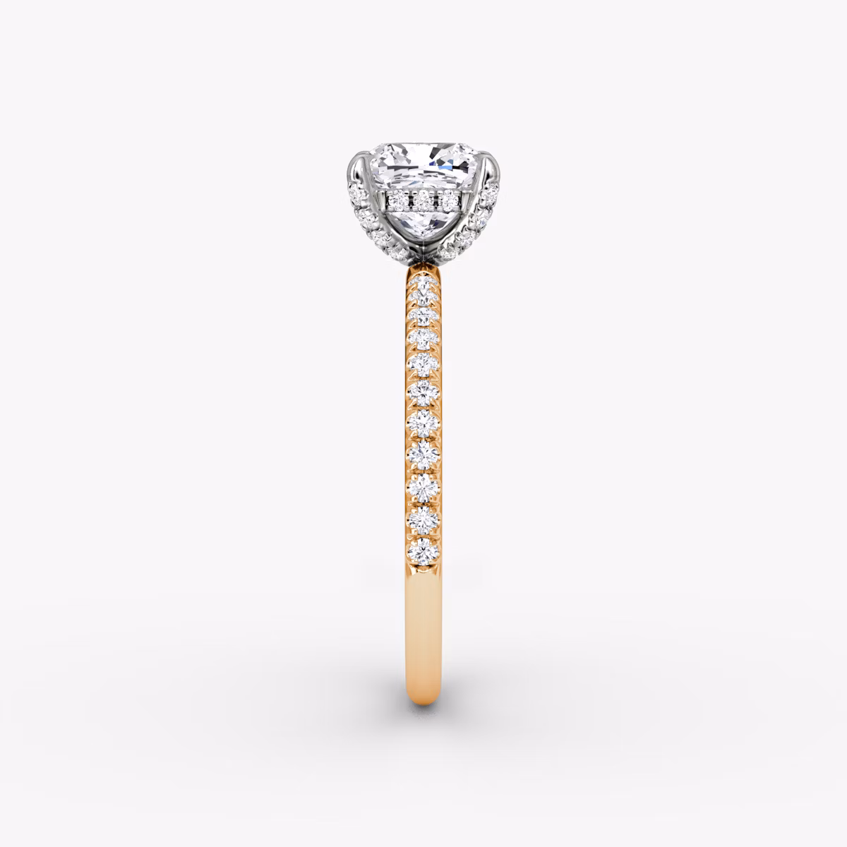 The Classic Hidden Halo | Cushion | 14k | Rose Gold and Platinum | bandAccent: Pavé | bandWidth: standard | prongStyle: Pavé | diamondOrientation: vertical | caratWeight: other