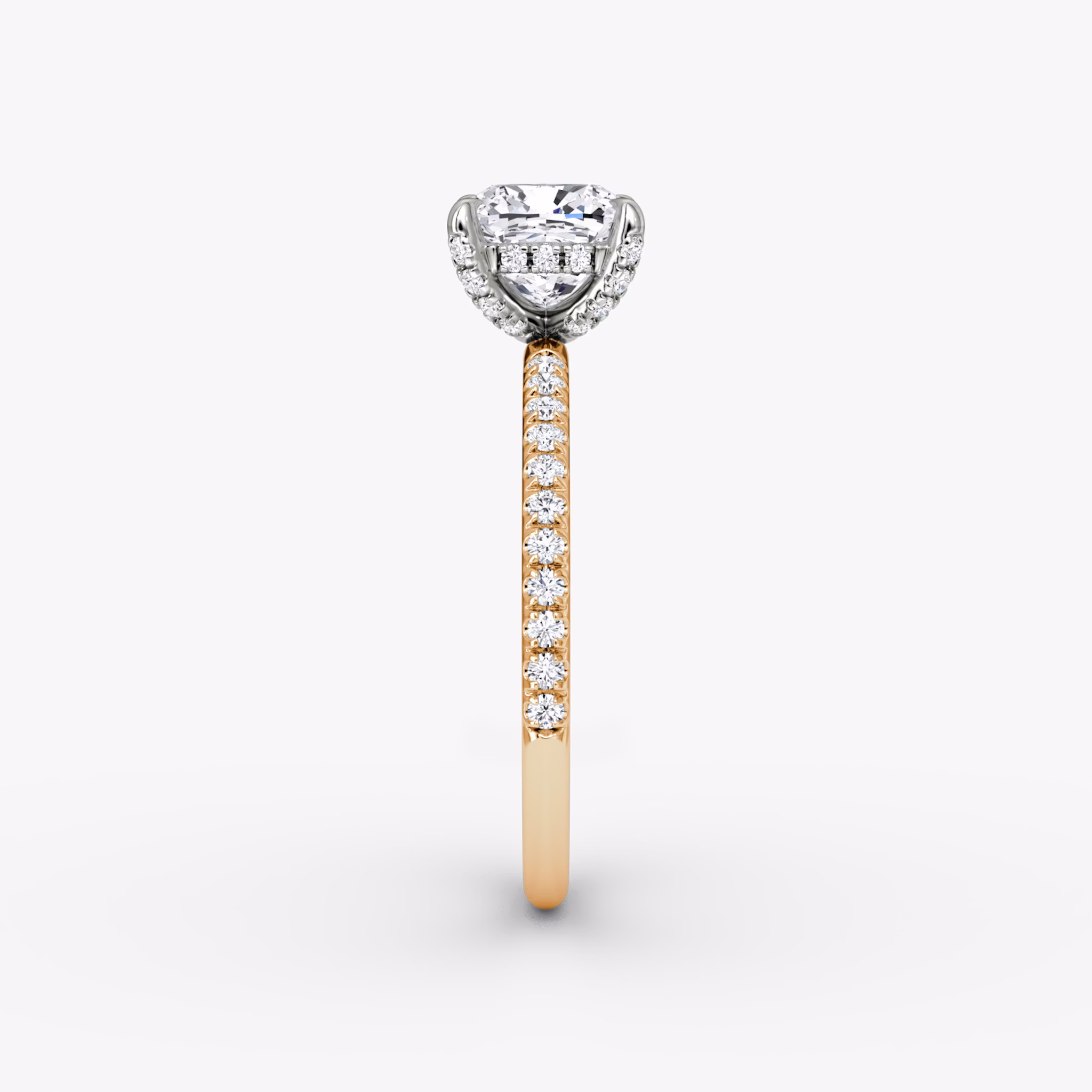 The Classic Hidden Halo | Cushion | 14k | Rose Gold and Platinum | bandAccent: Pavé | bandWidth: standard | prongStyle: Pavé | diamondOrientation: vertical | caratWeight: other