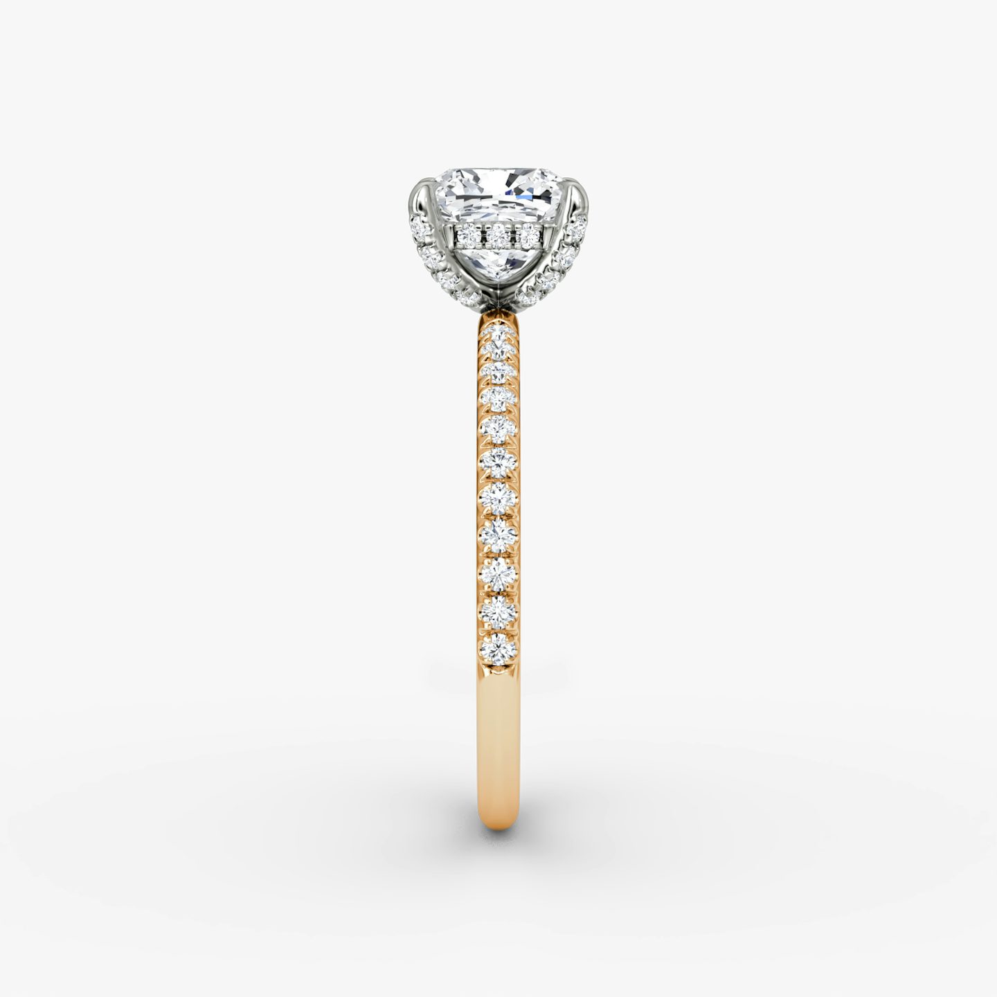 The Classic Hidden Halo | Cushion | 14k | Rose Gold and Platinum | bandAccent: Pavé | bandWidth: standard | prongStyle: Pavé | diamondOrientation: vertical | caratWeight: other