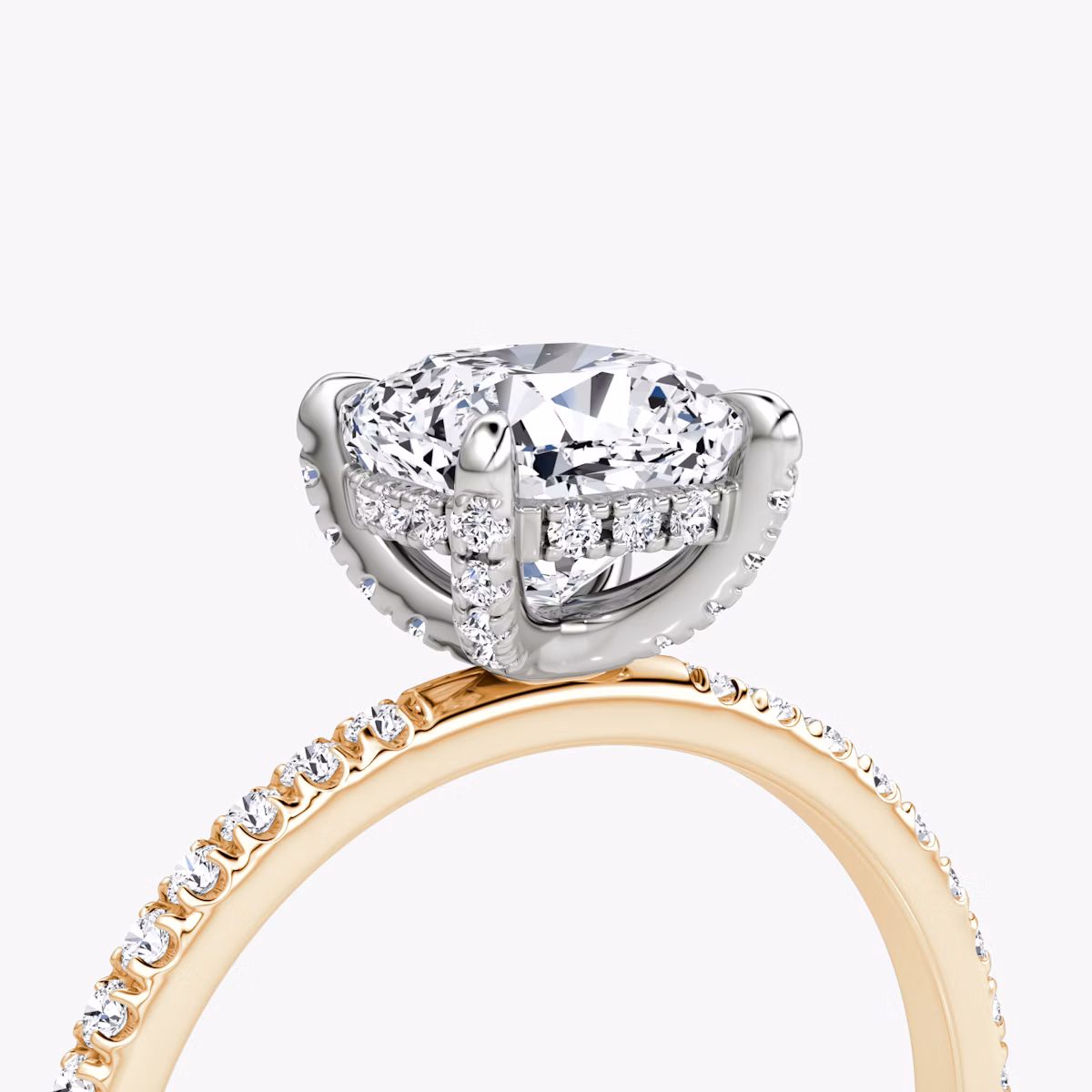 The Classic Hidden Halo | Cushion | 14k | Rose Gold and Platinum | bandAccent: Pavé | bandWidth: standard | prongStyle: Pavé | diamondOrientation: vertical | caratWeight: other