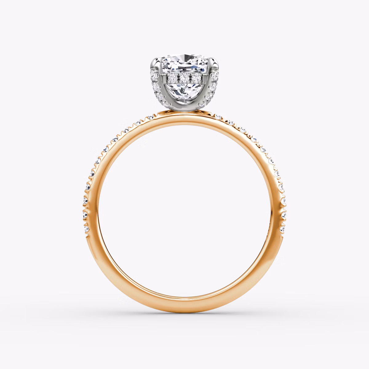 The Classic Hidden Halo | Cushion | 14k | Rose Gold and Platinum | bandAccent: Pavé | bandWidth: standard | prongStyle: Pavé | diamondOrientation: vertical | caratWeight: other