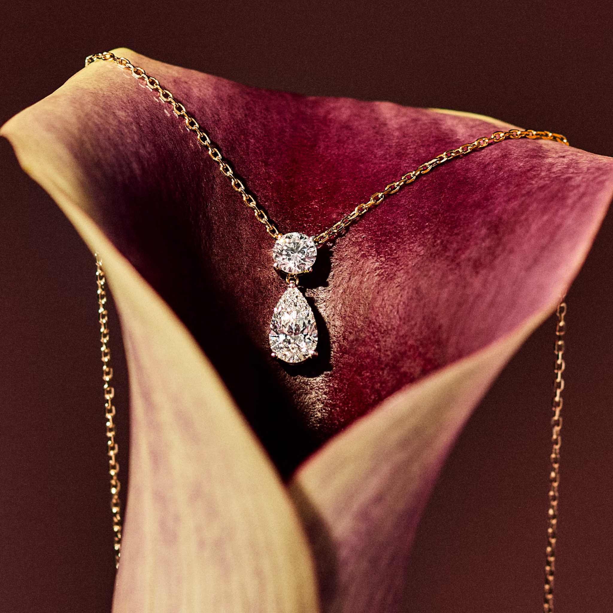 Pear cut and round cut diamond necklace with yellow gold chain on a flower
