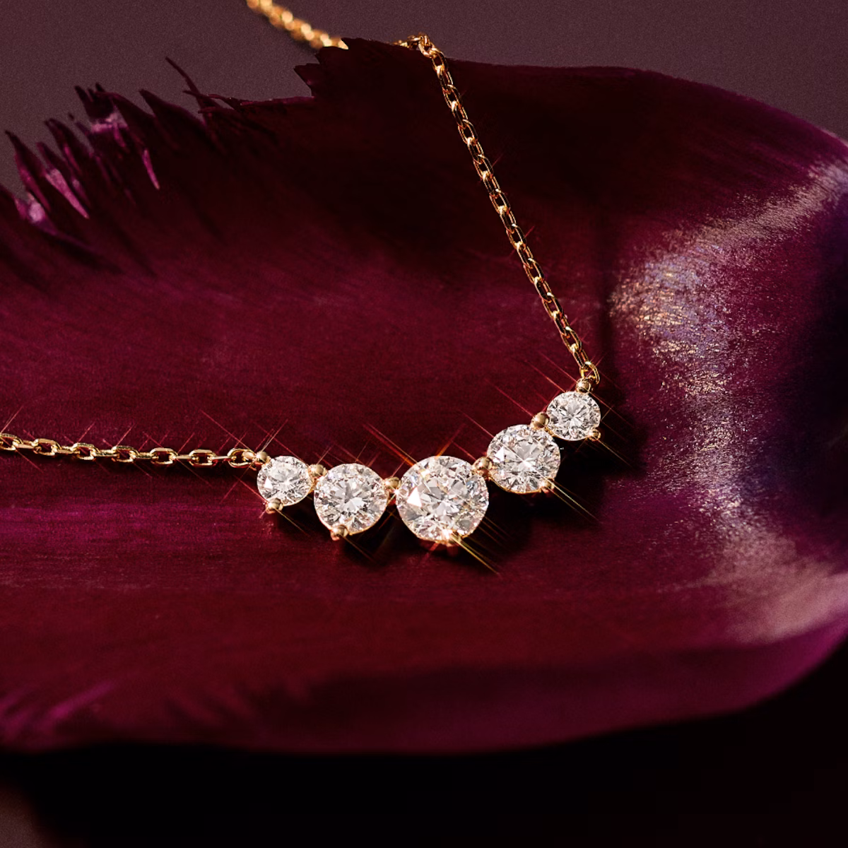 Necklace with five round cut diamonds with a yellow gold chain placed on a flower petal