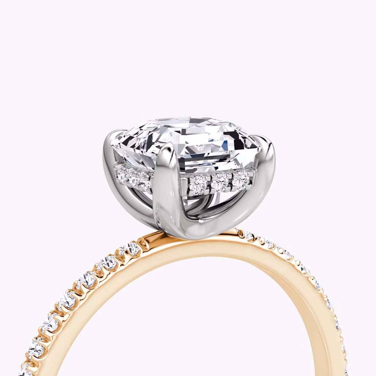 The Classic Hidden Halo | Asscher | 14k | Rose Gold and Platinum | bandAccent: Pavé | bandWidth: standard | prongStyle: Plain | diamondOrientation: vertical | caratWeight: other