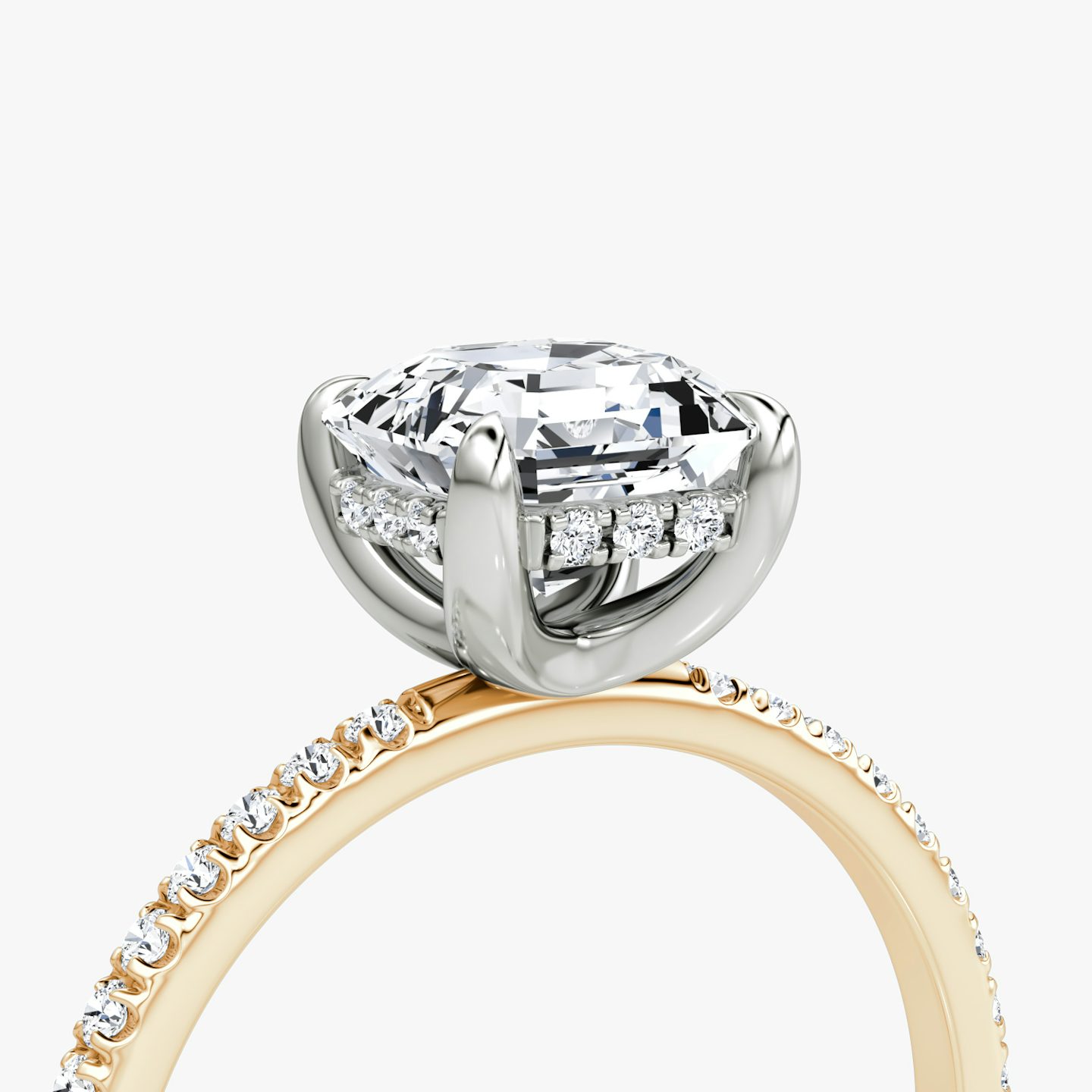 The Classic Hidden Halo | Asscher | 14k | Rose Gold and Platinum | bandAccent: Pavé | bandWidth: standard | prongStyle: Plain | diamondOrientation: vertical | caratWeight: other