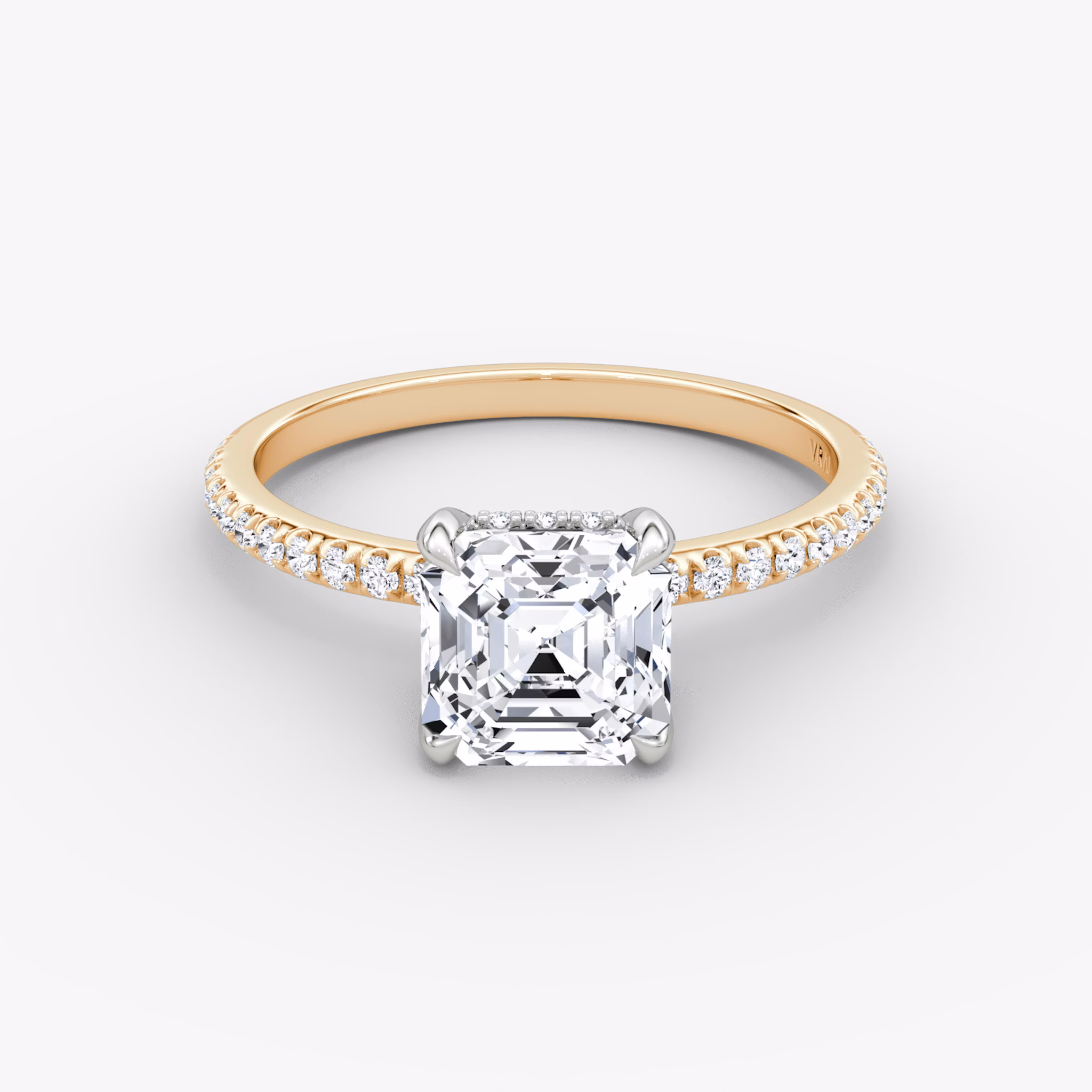 The Classic Hidden Halo | Asscher | 14k | Rose Gold and Platinum | bandAccent: Pavé | bandWidth: standard | prongStyle: Plain | diamondOrientation: vertical | caratWeight: other