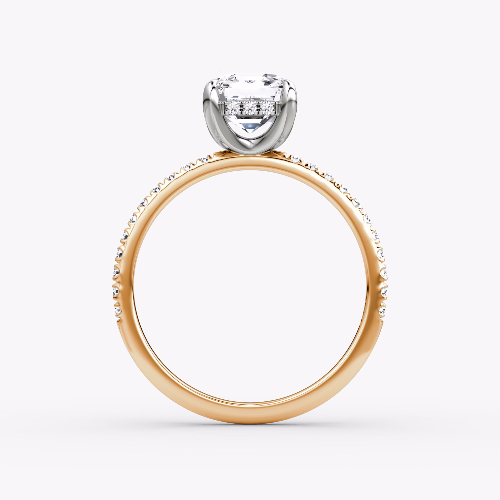 The Classic Hidden Halo | Asscher | 14k | Rose Gold and Platinum | bandAccent: Pavé | bandWidth: standard | prongStyle: Plain | diamondOrientation: vertical | caratWeight: other