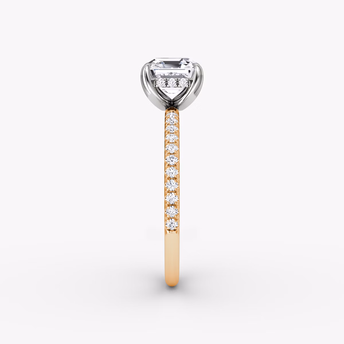 The Classic Hidden Halo | Asscher | 14k | Rose Gold and Platinum | bandAccent: Pavé | bandWidth: standard | prongStyle: Plain | diamondOrientation: vertical | caratWeight: other