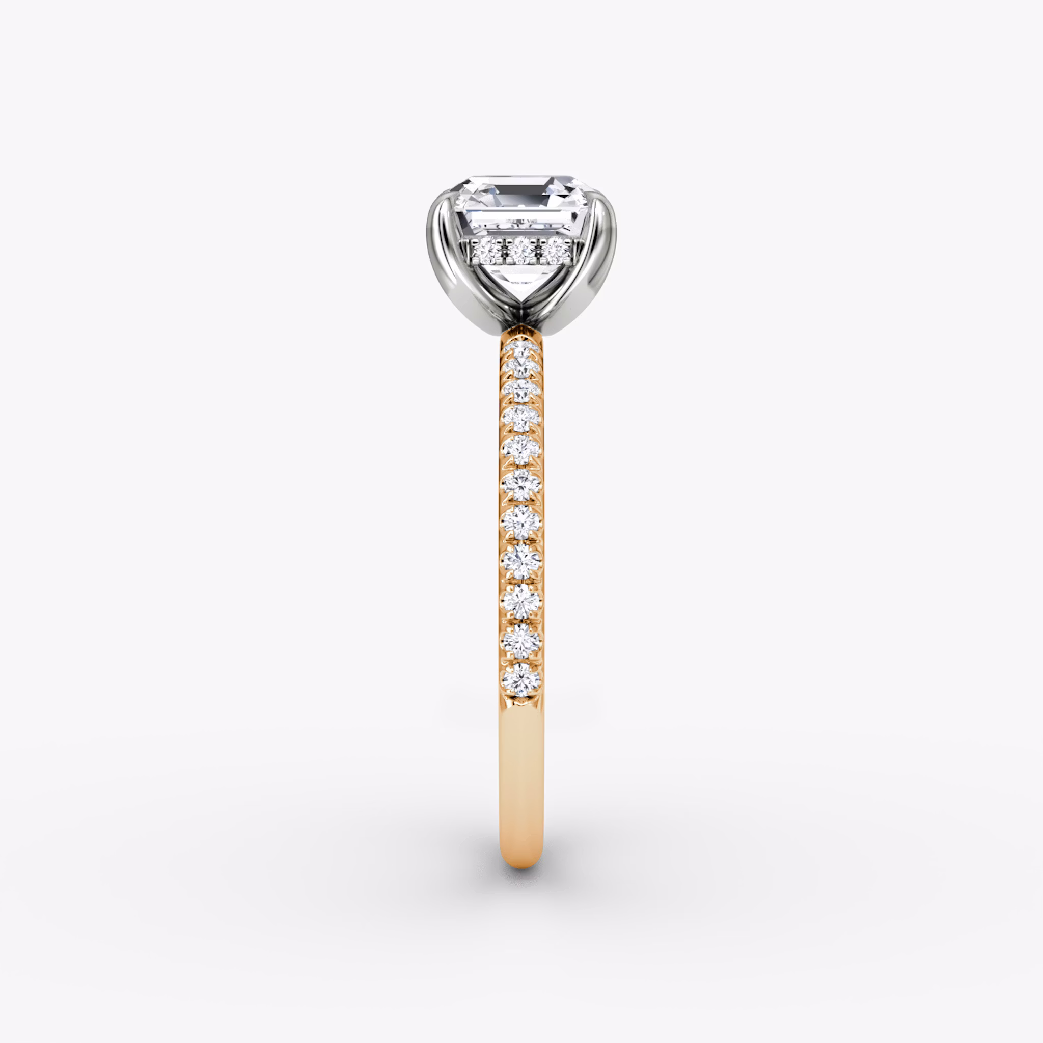 The Classic Hidden Halo | Asscher | 14k | Rose Gold and Platinum | bandAccent: Pavé | bandWidth: standard | prongStyle: Plain | diamondOrientation: vertical | caratWeight: other