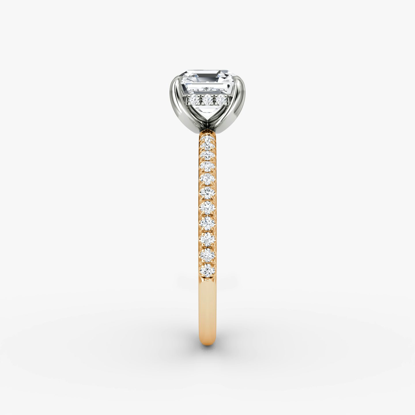 The Classic Hidden Halo | Asscher | 14k | Rose Gold and Platinum | bandAccent: Pavé | bandWidth: standard | prongStyle: Plain | diamondOrientation: vertical | caratWeight: other