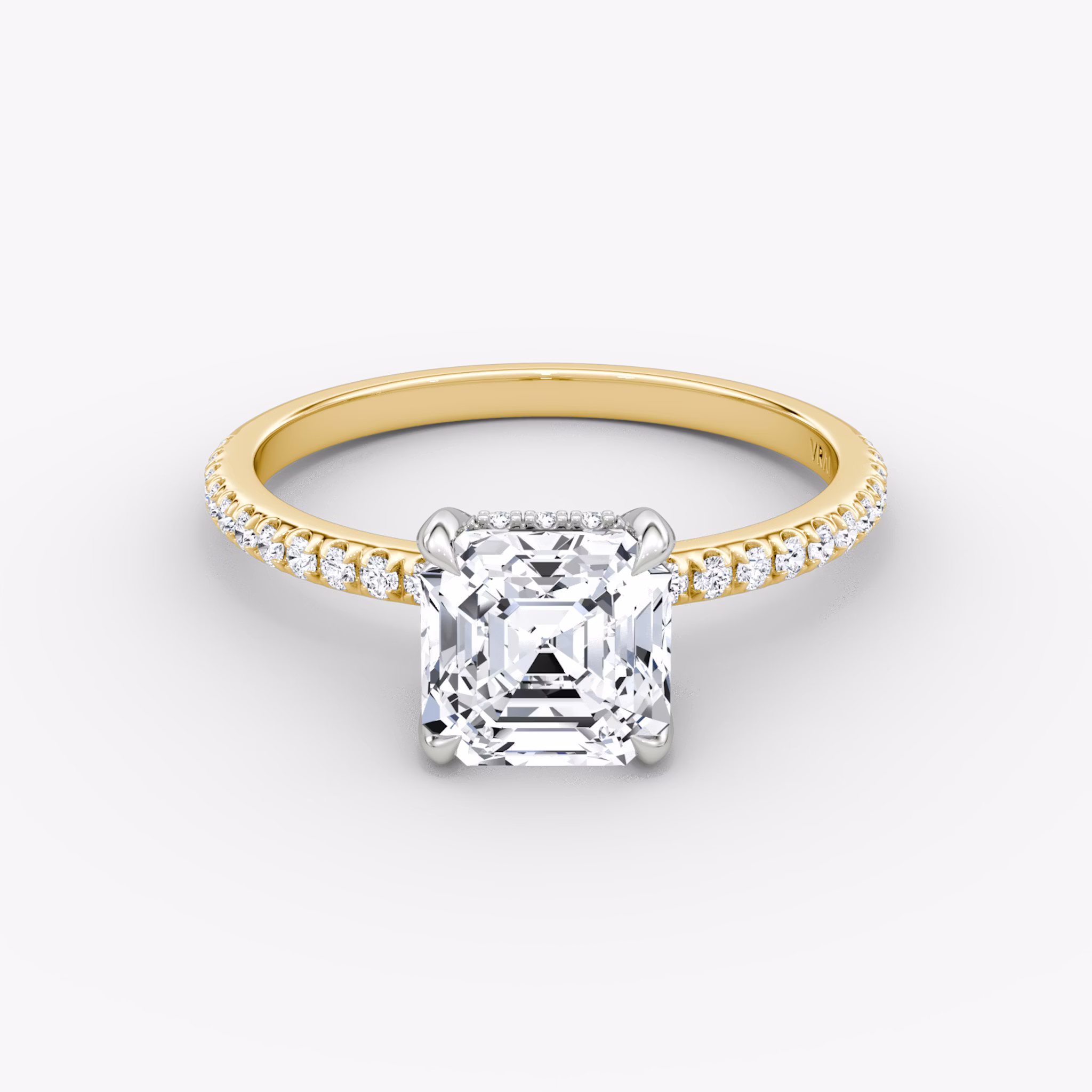 The Classic Hidden Halo | Asscher | 18k | Yellow Gold and Platinum | bandAccent: Pavé | bandWidth: standard | prongStyle: Plain | diamondOrientation: vertical | caratWeight: other