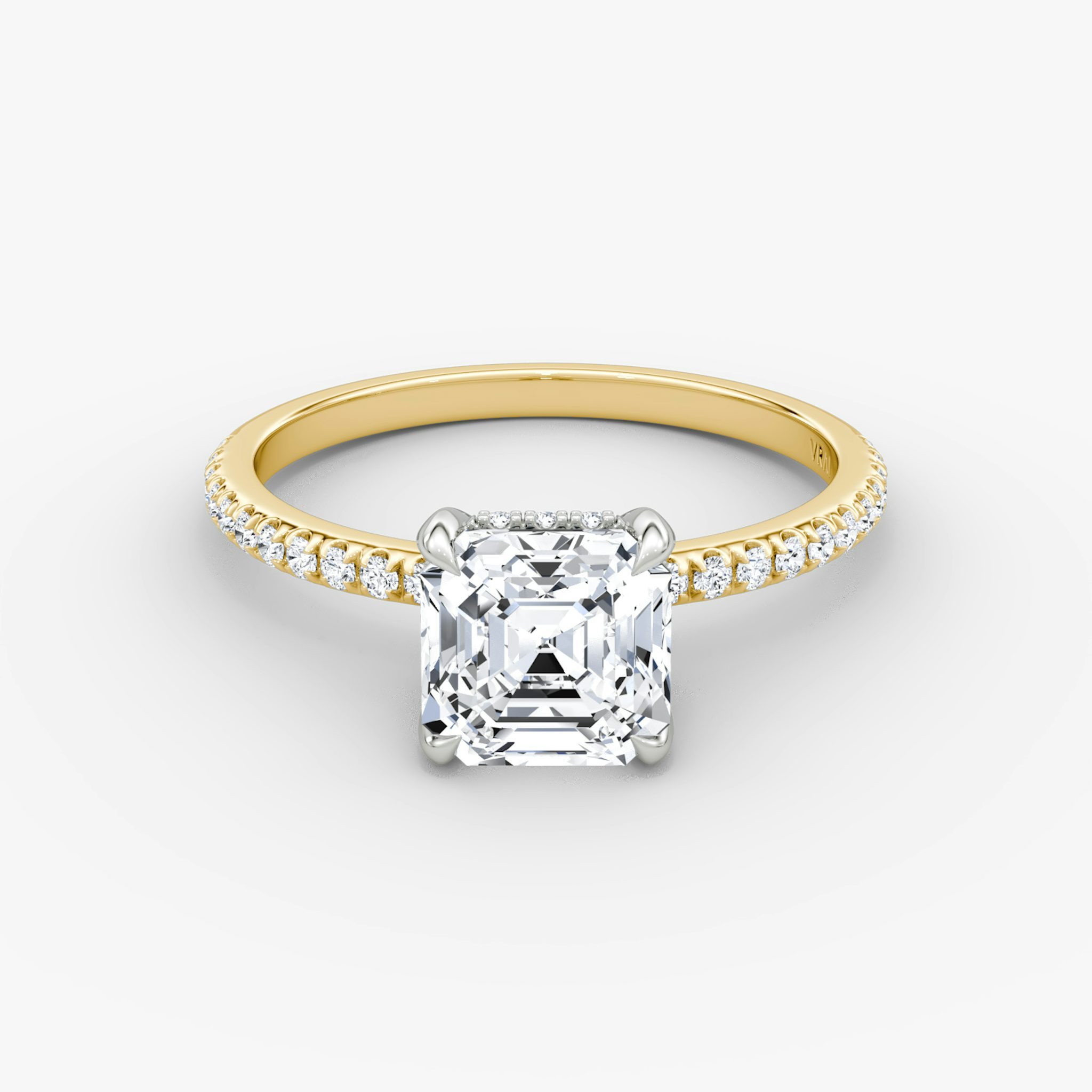 The Classic Hidden Halo | Asscher | 18k | Yellow Gold and Platinum | bandAccent: Pavé | bandWidth: standard | prongStyle: Plain | diamondOrientation: vertical | caratWeight: other