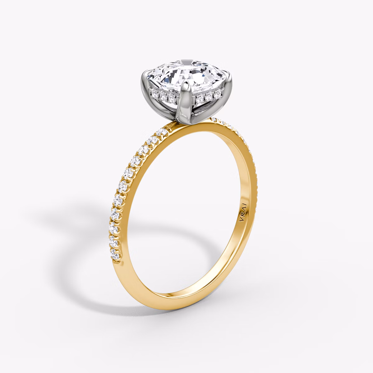 The Classic Hidden Halo | Asscher | 18k | Yellow Gold and Platinum | bandAccent: Pavé | bandWidth: standard | prongStyle: Plain | diamondOrientation: vertical | caratWeight: other