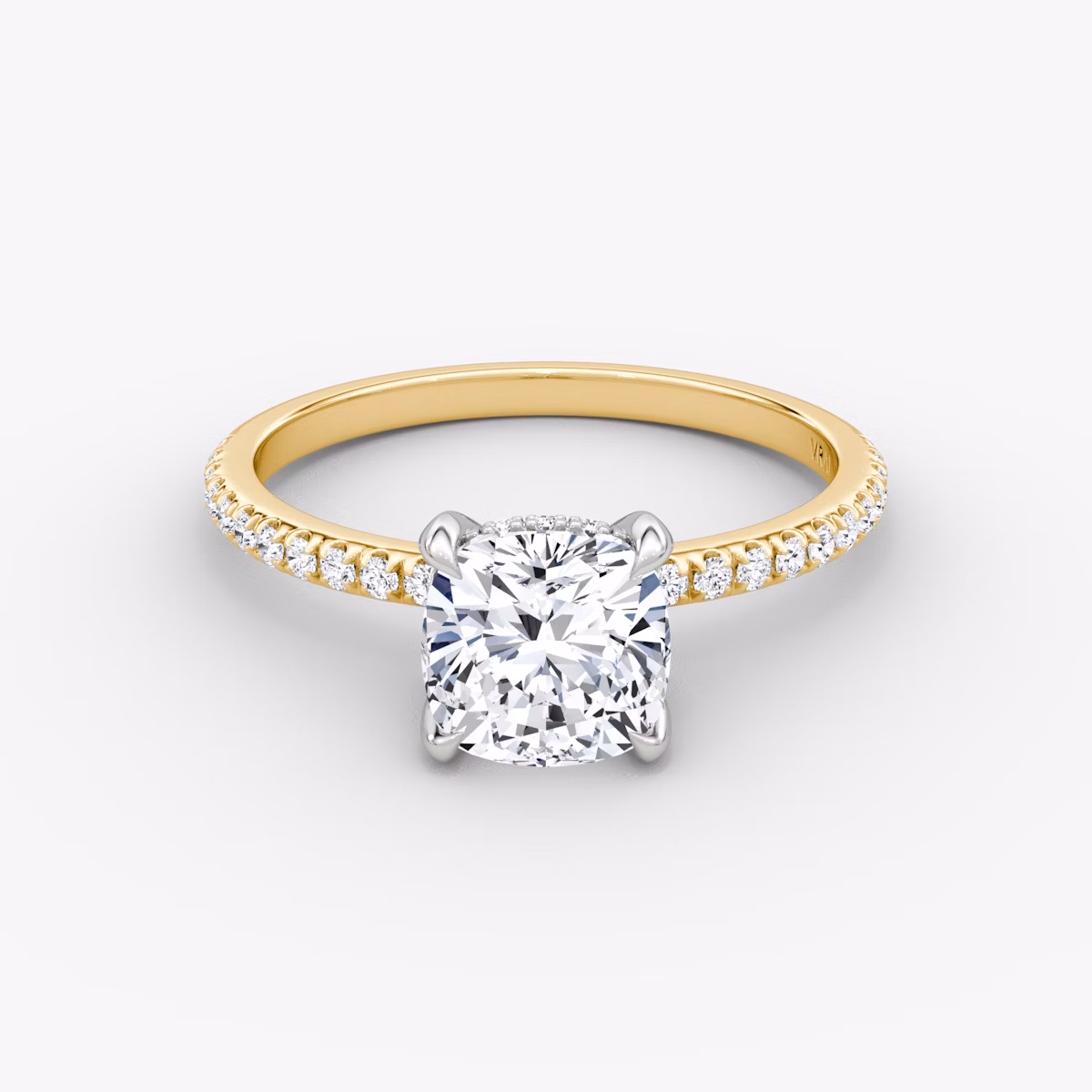 The Classic Hidden Halo | Cushion | 18k | Yellow Gold and Platinum | bandAccent: Pavé | bandWidth: standard | prongStyle: Plain | diamondOrientation: vertical | caratWeight: other