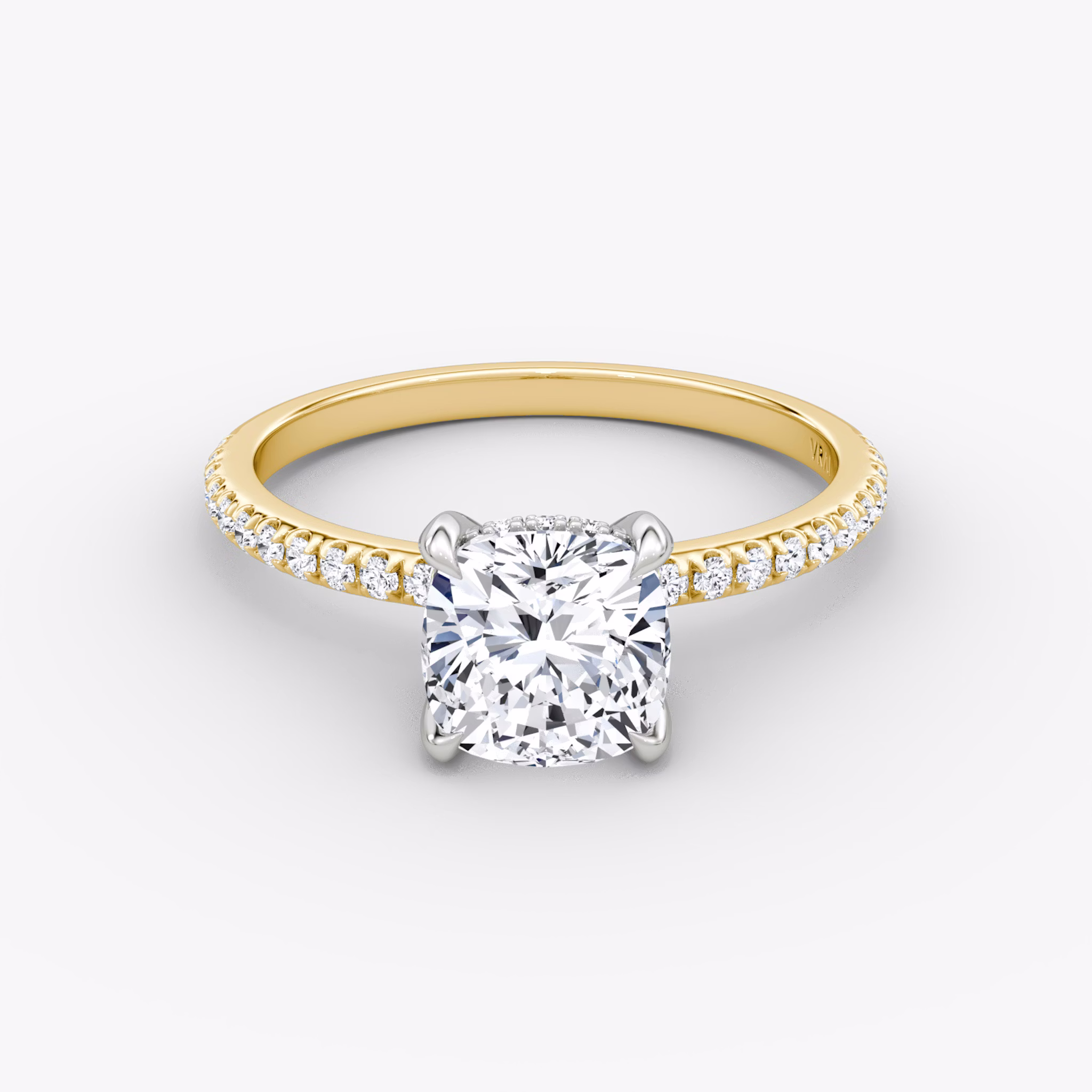 The Classic Hidden Halo | Cushion | 18k | Yellow Gold and Platinum | bandAccent: Pavé | bandWidth: standard | prongStyle: Plain | diamondOrientation: vertical | caratWeight: other