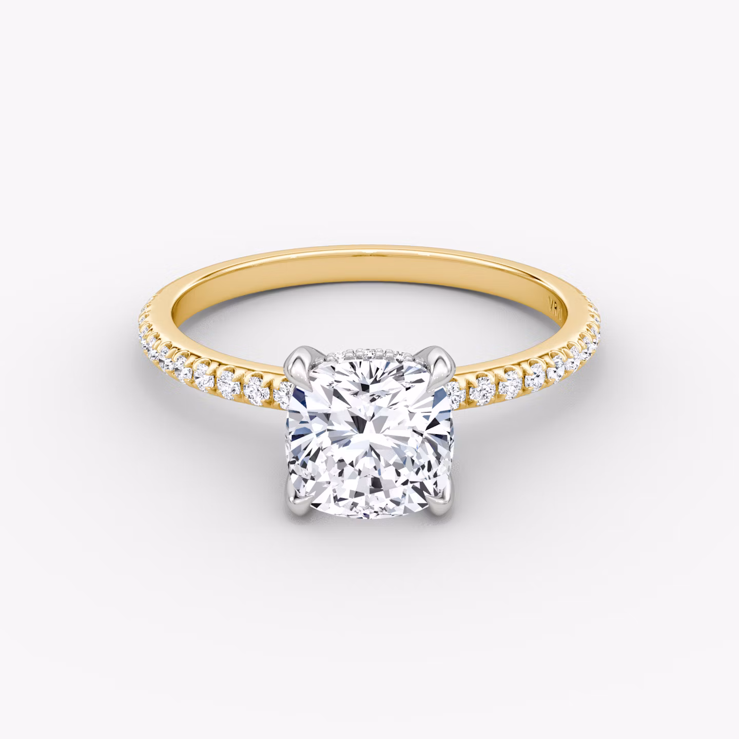 The Classic Hidden Halo | Cushion | 18k | Yellow Gold and Platinum | bandAccent: Pavé | bandWidth: standard | prongStyle: Plain | diamondOrientation: vertical | caratWeight: other