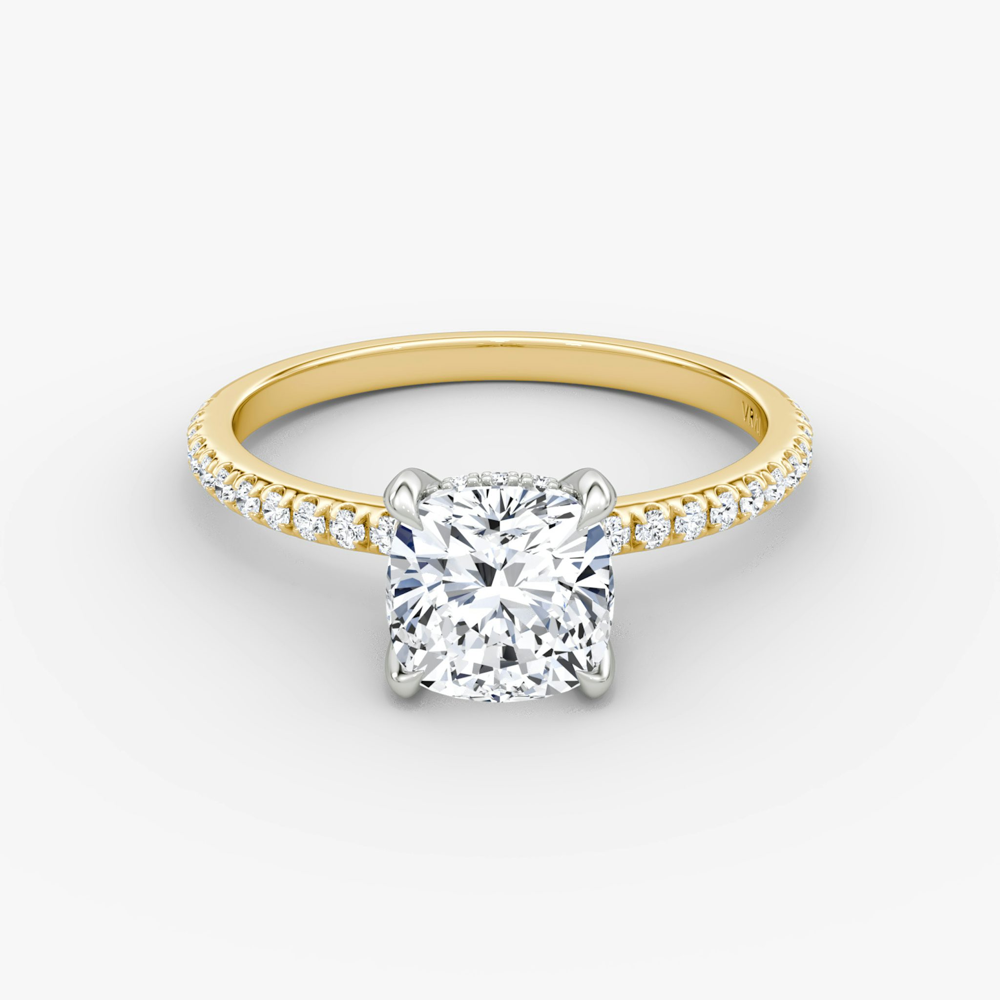 The Classic Hidden Halo | Cushion | 18k | Yellow Gold and Platinum | bandAccent: Pavé | bandWidth: standard | prongStyle: Plain | diamondOrientation: vertical | caratWeight: other