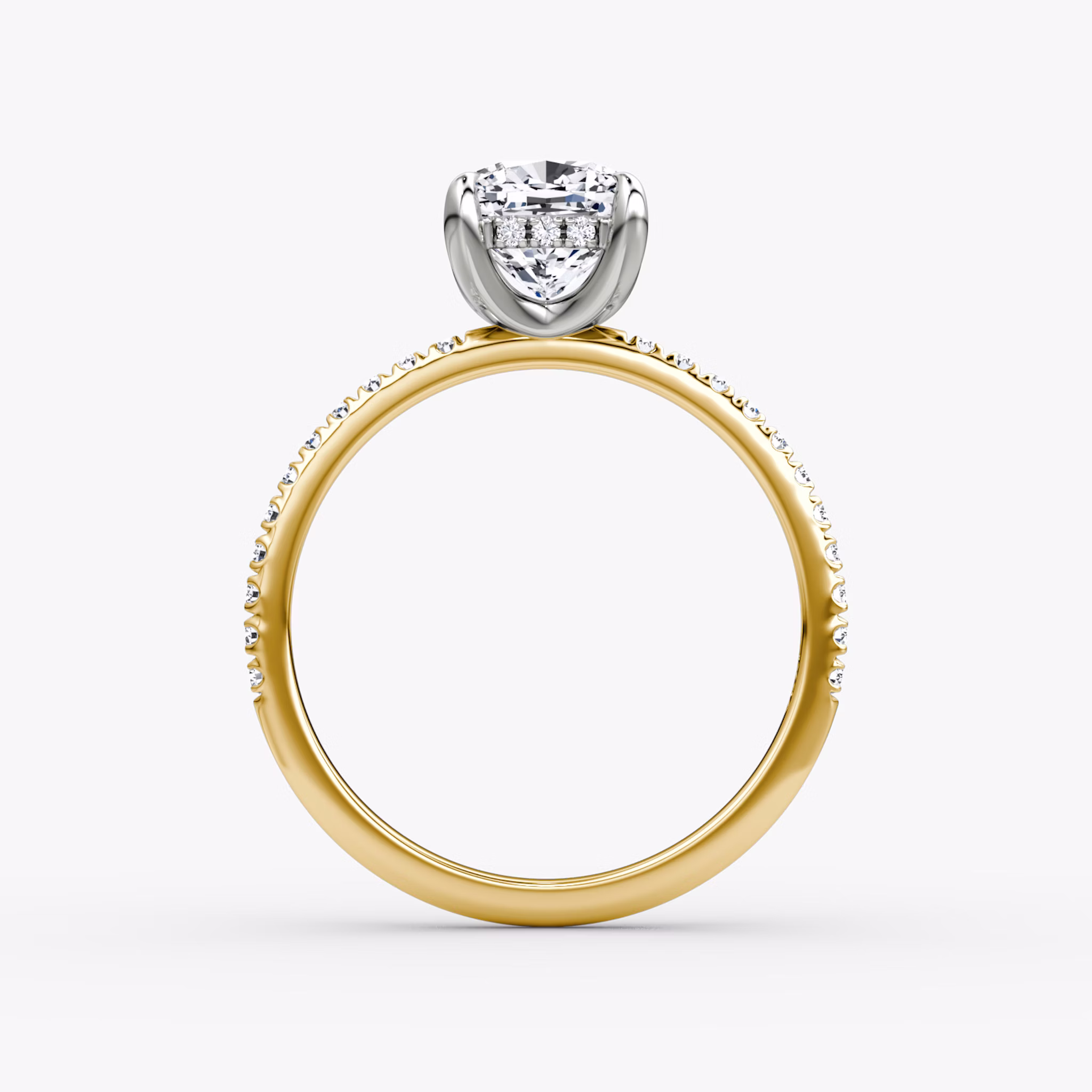 The Classic Hidden Halo | Cushion | 18k | Yellow Gold and Platinum | bandAccent: Pavé | bandWidth: standard | prongStyle: Plain | diamondOrientation: vertical | caratWeight: other