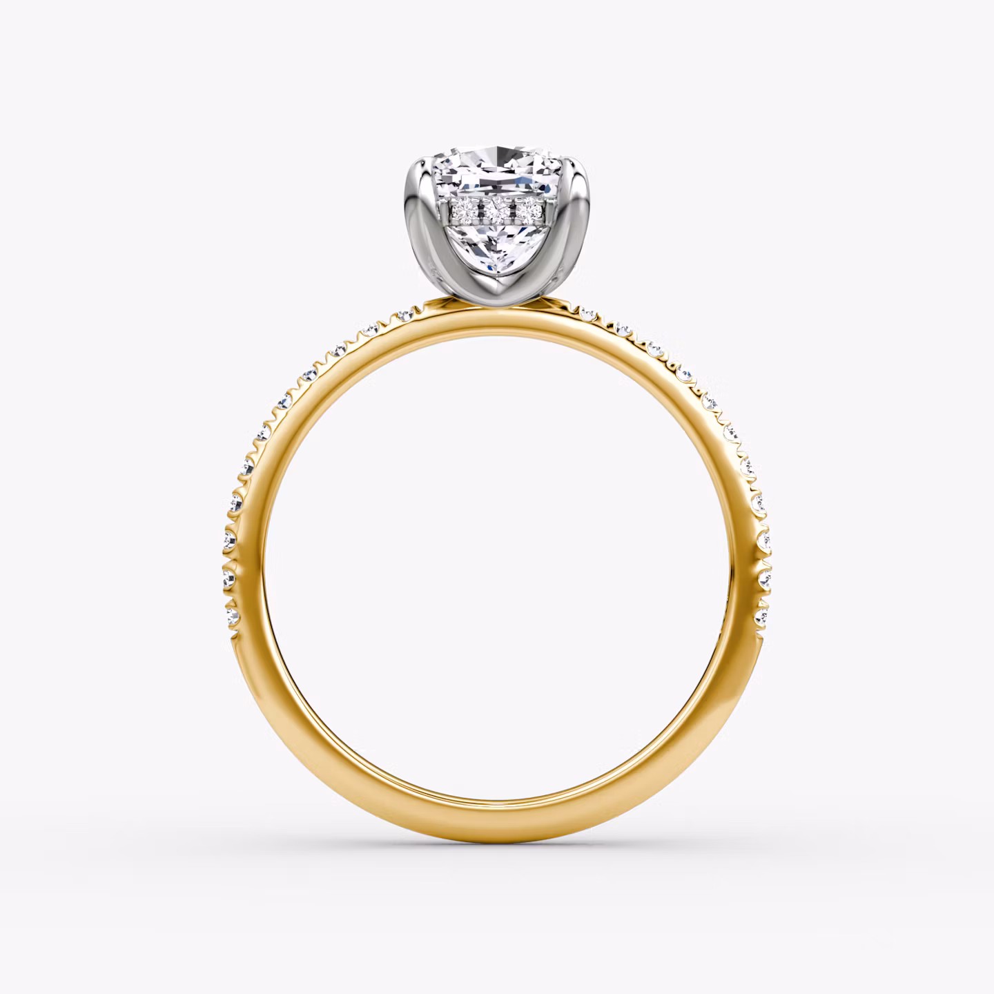 The Classic Hidden Halo | Cushion | 18k | Yellow Gold and Platinum | bandAccent: Pavé | bandWidth: standard | prongStyle: Plain | diamondOrientation: vertical | caratWeight: other