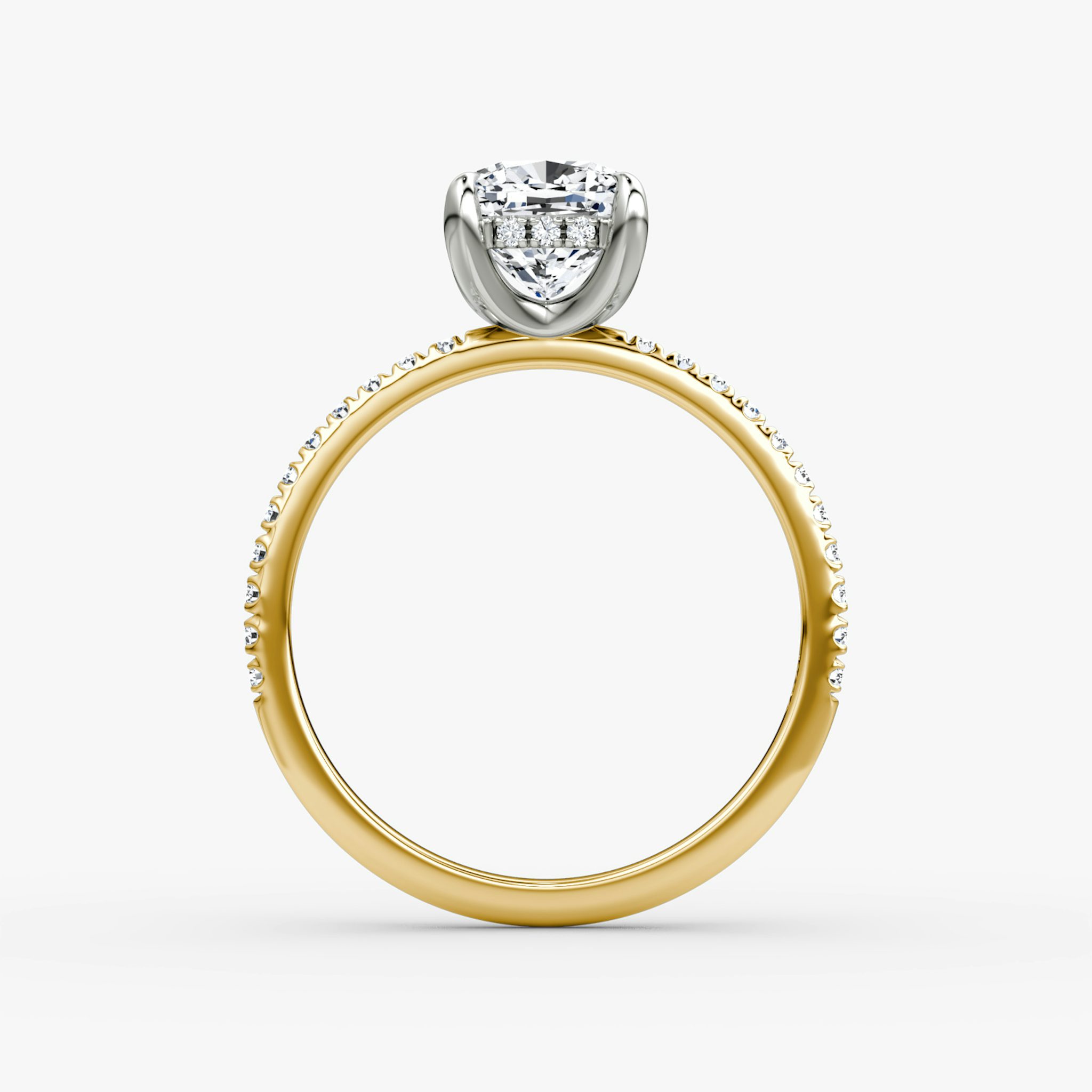 The Classic Hidden Halo | Cushion | 18k | Yellow Gold and Platinum | bandAccent: Pavé | bandWidth: standard | prongStyle: Plain | diamondOrientation: vertical | caratWeight: other
