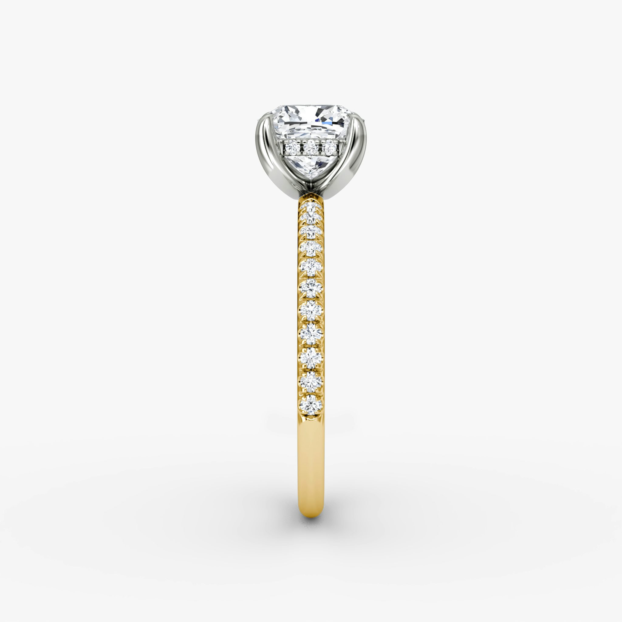 The Classic Hidden Halo | Cushion | 18k | Yellow Gold and Platinum | bandAccent: Pavé | bandWidth: standard | prongStyle: Plain | diamondOrientation: vertical | caratWeight: other