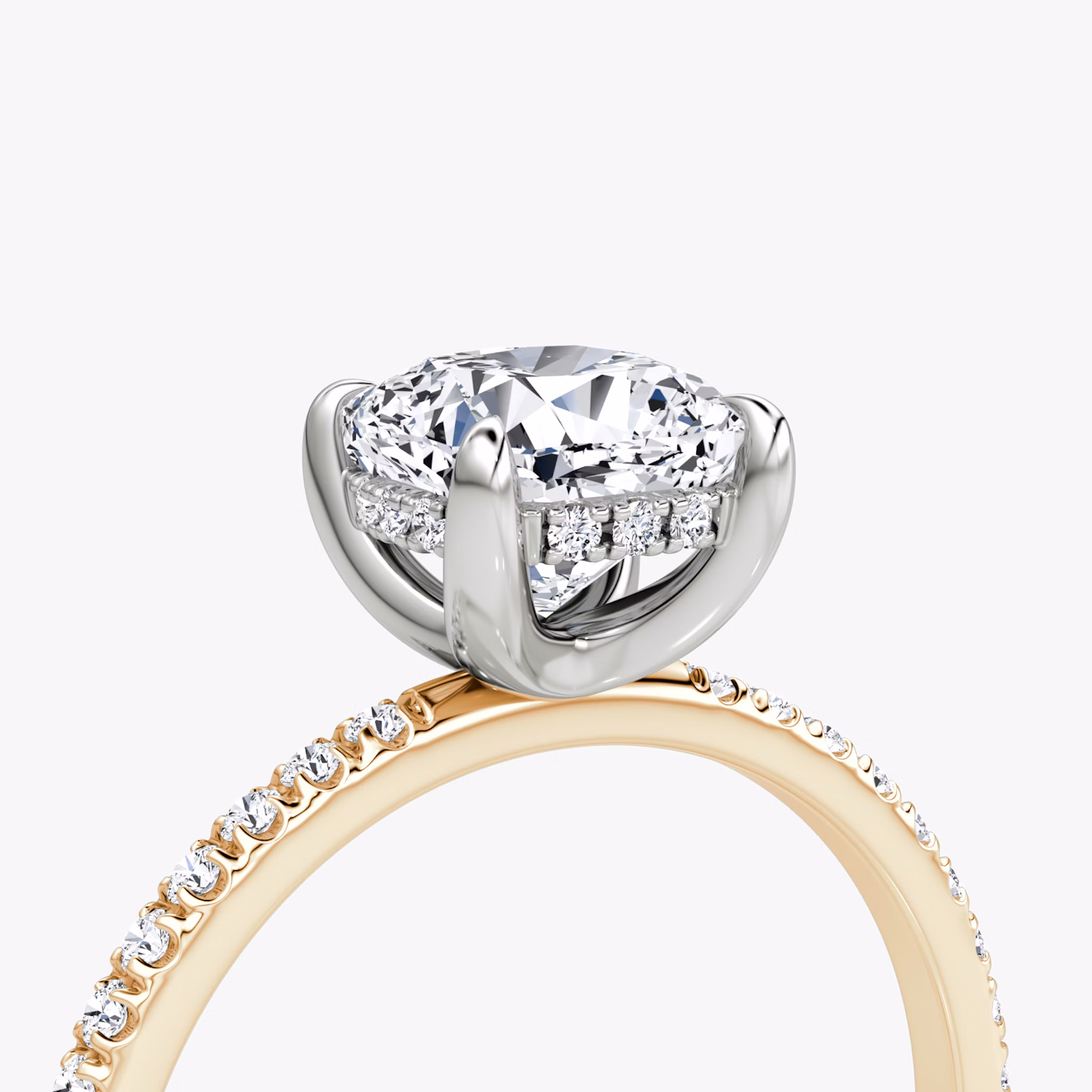 The Classic Hidden Halo | Cushion | 14k | Rose Gold and Platinum | bandAccent: Pavé | bandWidth: standard | prongStyle: Plain | diamondOrientation: vertical | caratWeight: other