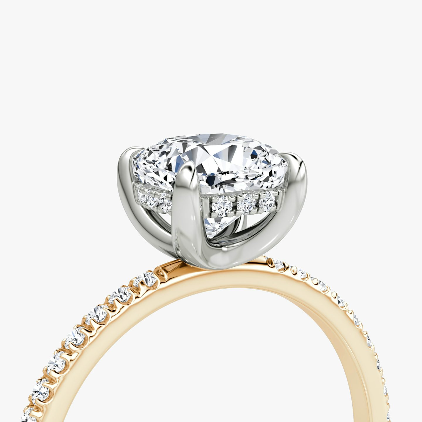 The Classic Hidden Halo | Cushion | 14k | Rose Gold and Platinum | bandAccent: Pavé | bandWidth: standard | prongStyle: Plain | diamondOrientation: vertical | caratWeight: other