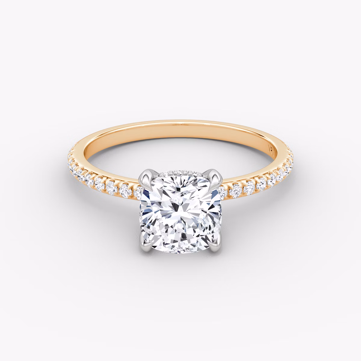 The Classic Hidden Halo | Cushion | 14k | Rose Gold and Platinum | bandAccent: Pavé | bandWidth: standard | prongStyle: Plain | diamondOrientation: vertical | caratWeight: other