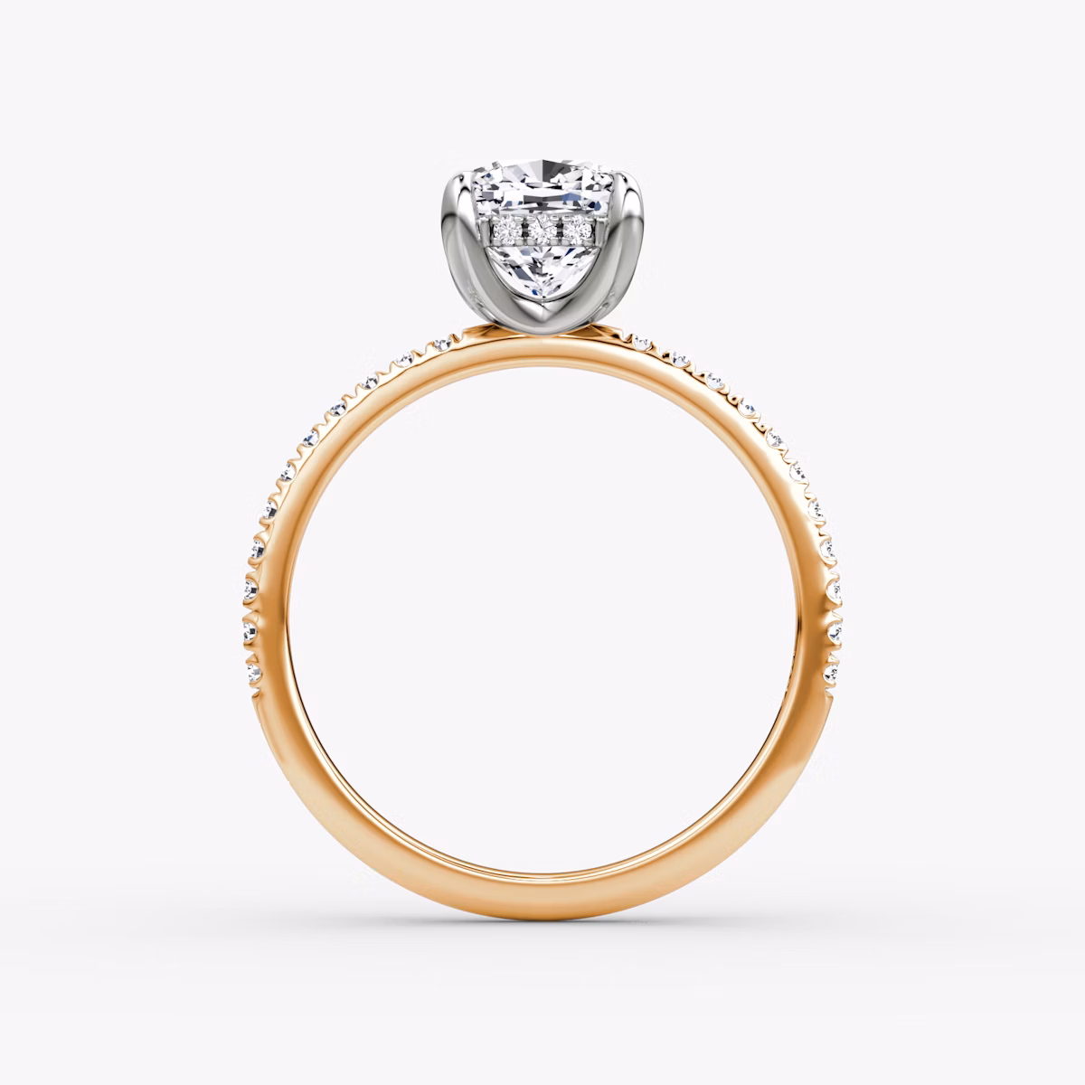 The Classic Hidden Halo | Cushion | 14k | Rose Gold and Platinum | bandAccent: Pavé | bandWidth: standard | prongStyle: Plain | diamondOrientation: vertical | caratWeight: other