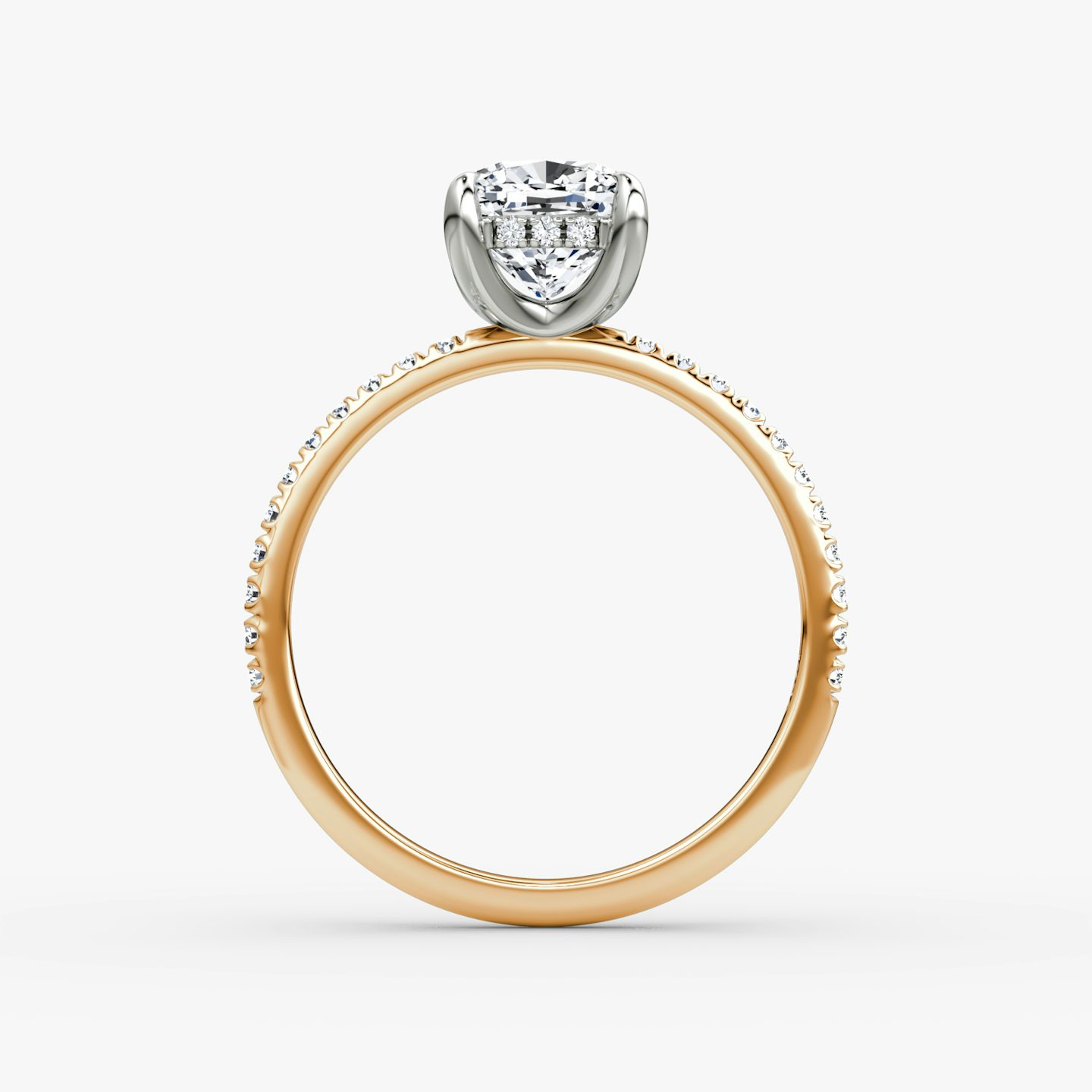 The Classic Hidden Halo | Cushion | 14k | Rose Gold and Platinum | bandAccent: Pavé | bandWidth: standard | prongStyle: Plain | diamondOrientation: vertical | caratWeight: other